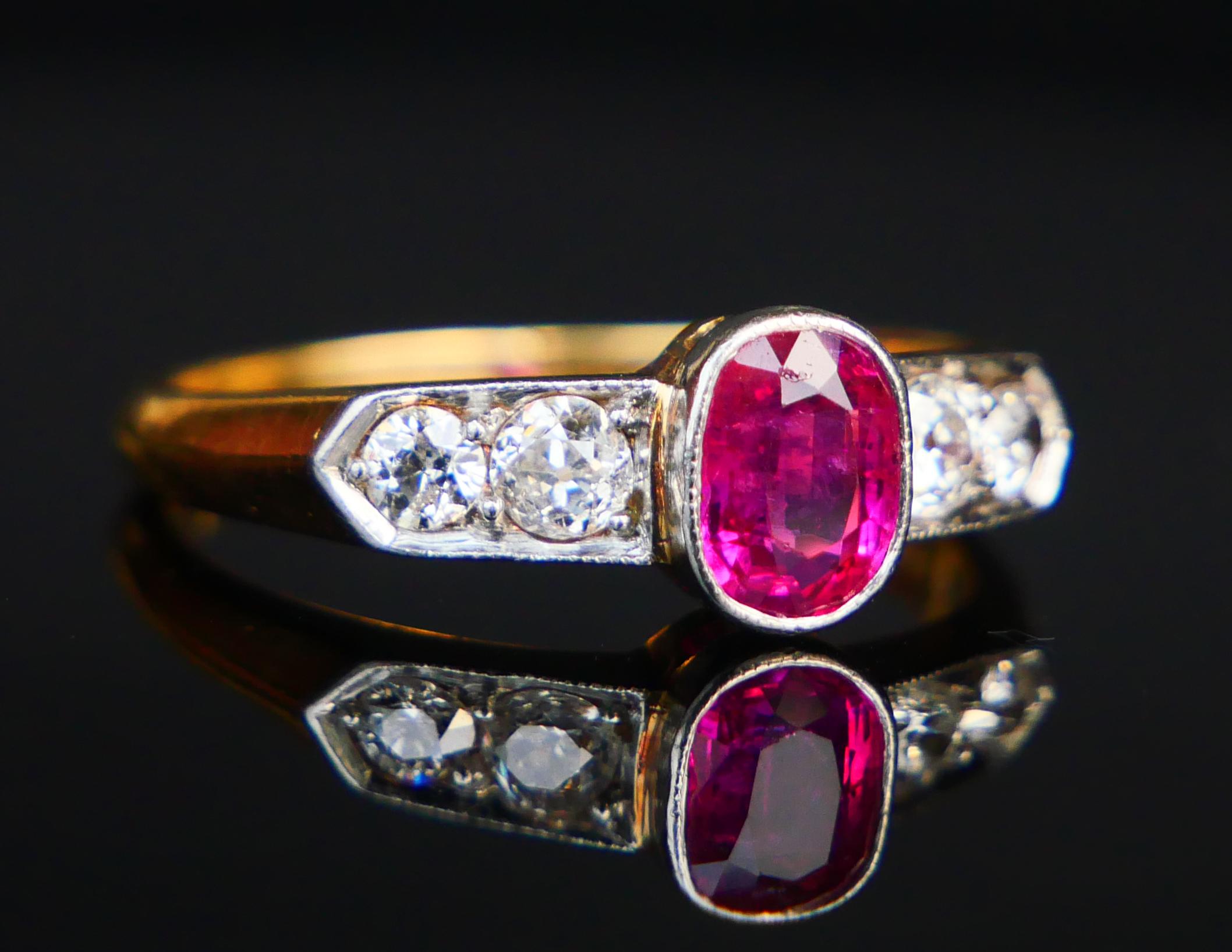 Art déco Bague ancienne Rubis ct naturel ctw Diamants or massif 18K ØUS 7.25 / 3.8 gr en vente