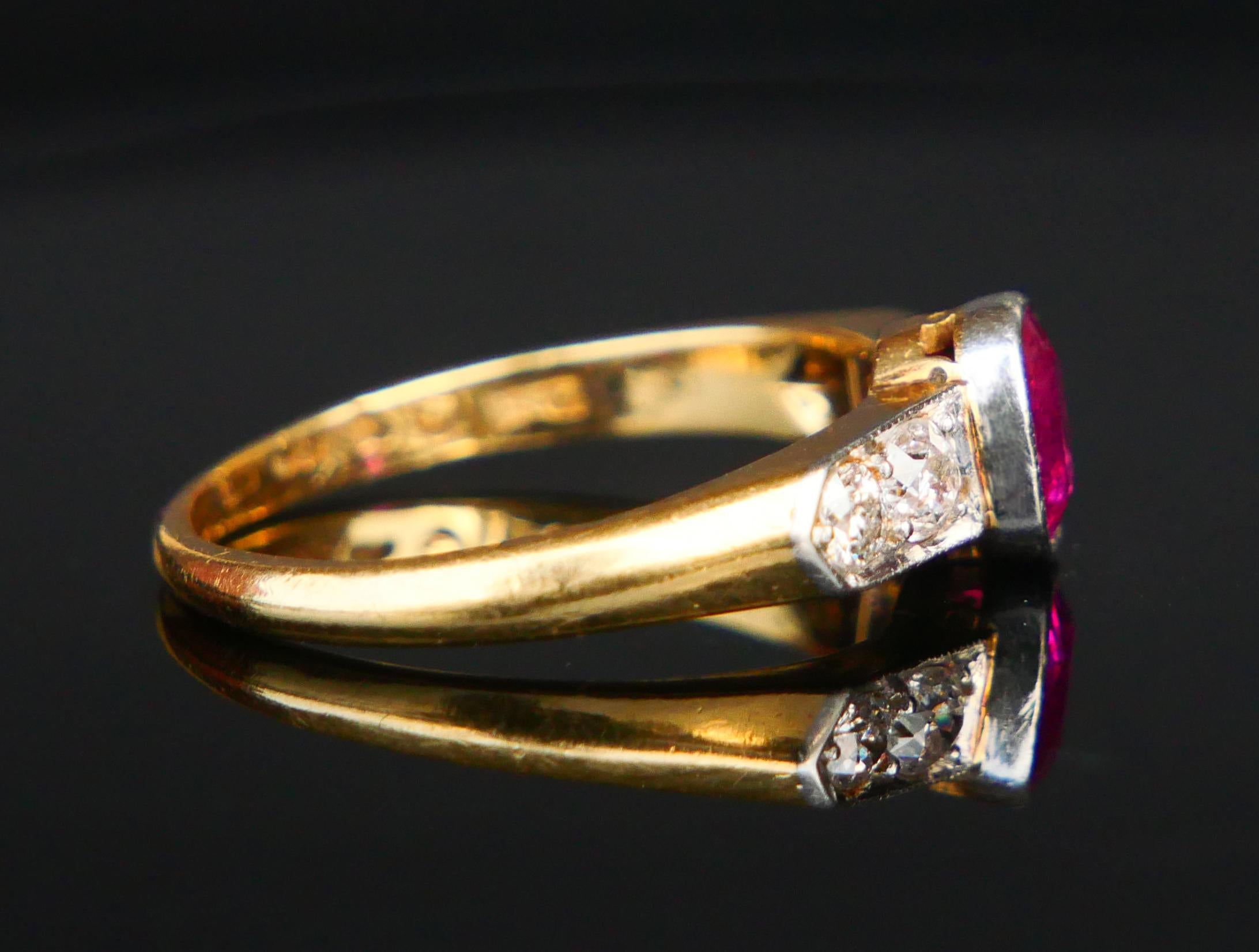 Taille vieille Europe Bague ancienne Rubis ct naturel ctw Diamants or massif 18K ØUS 7.25 / 3.8 gr en vente