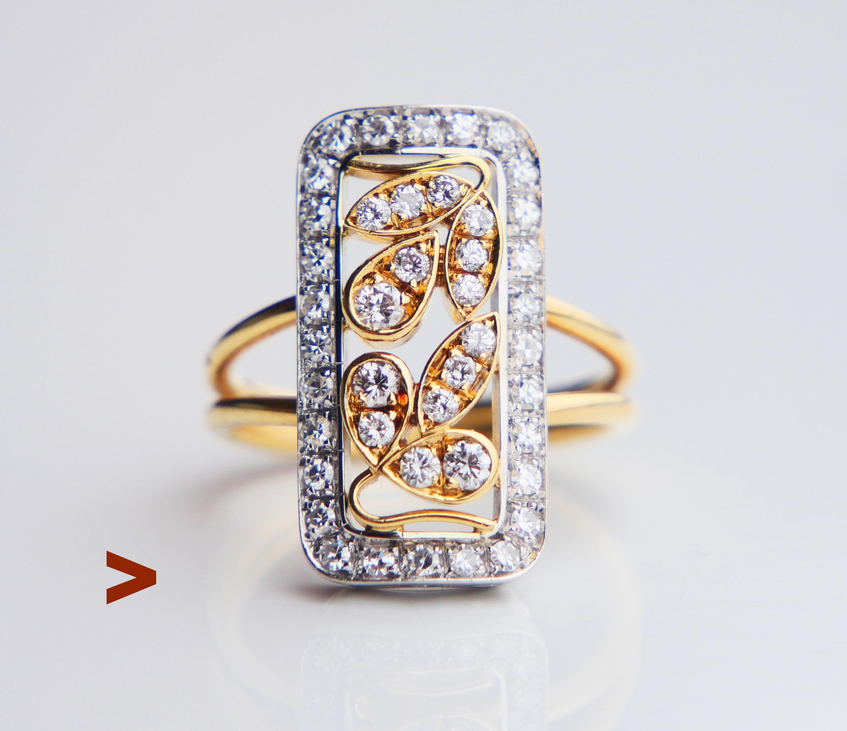 A ring in 18K Yellow Gold with double band and rectangular openwork ornamental crown with parts in White Gold or Platinum decorated with mix of 43 Brilliant and old European cut natural Diamonds. Likely German ring made in 1930s, band hallmarked