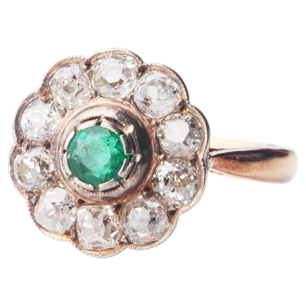 Antique Ring natural Emerald 1.5ctw Diamonds solid 18K / 14K Gold Ø US5 / 3.5 gr
