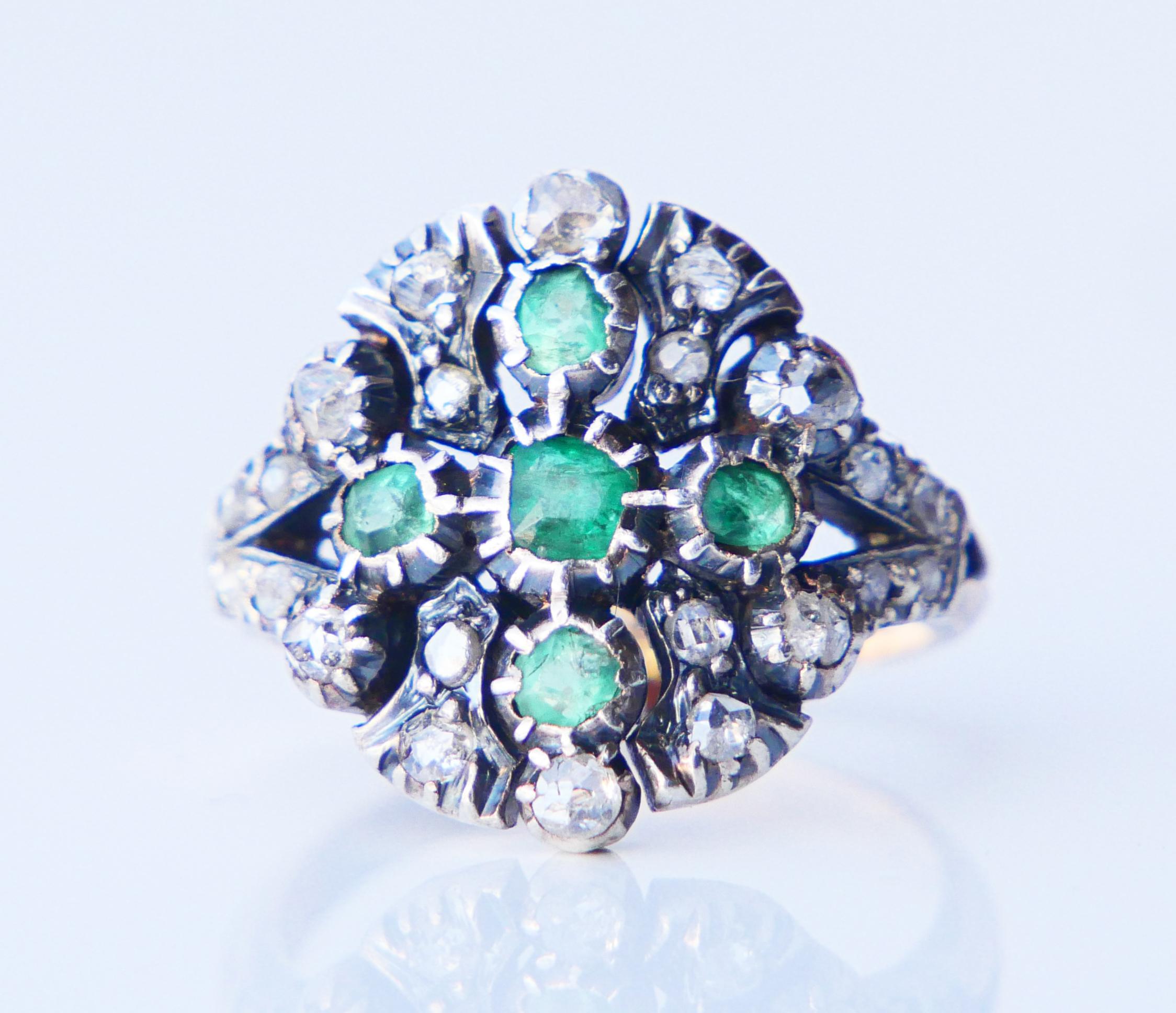 Antique Ring natural Emerald Diamonds solid 18K Gold Silver Ø US7.5 / 6 gr For Sale 5