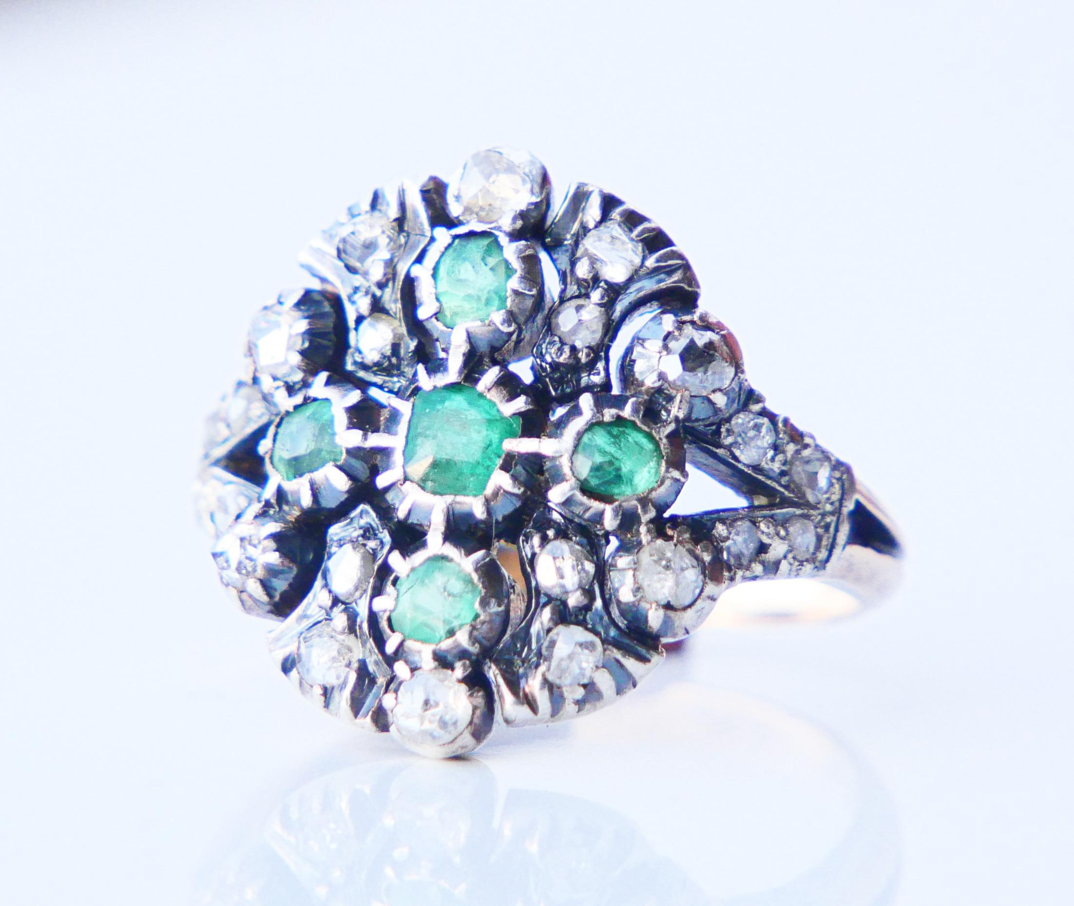 Antique Ring natural Emerald Diamonds solid 18K Gold Silver Ø US7.5 / 6 gr For Sale 6