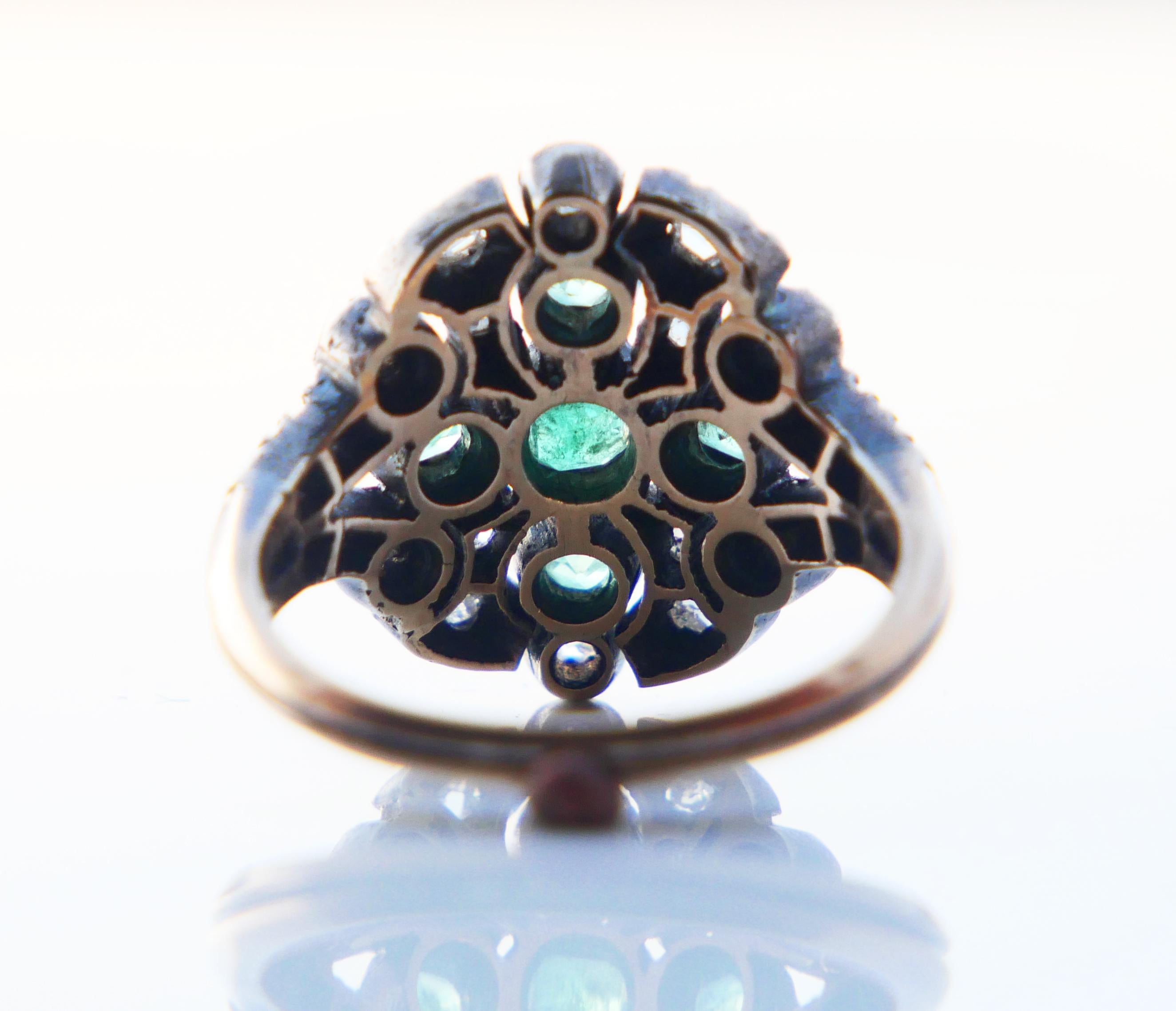 Antique Ring natural Emerald Diamonds solid 18K Gold Silver Ø US7.5 / 6 gr For Sale 7