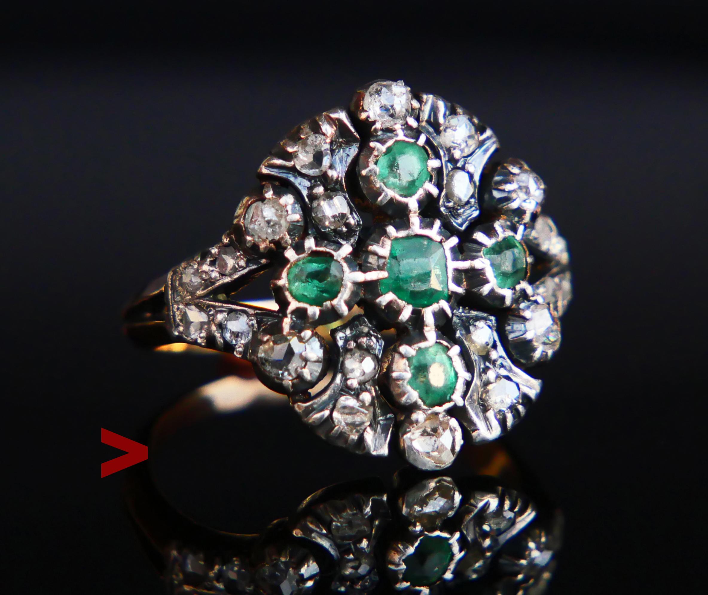 
Beautiful old cluster Ring hand - made ca. early XX cent. with parts in solid 18K Yellow Gold with Silver clusters on top of the crown holding 5 natural Emeralds and 22 Diamonds.

Not Hallmarked, band tested solid 18K. Openwork floret/crown is a