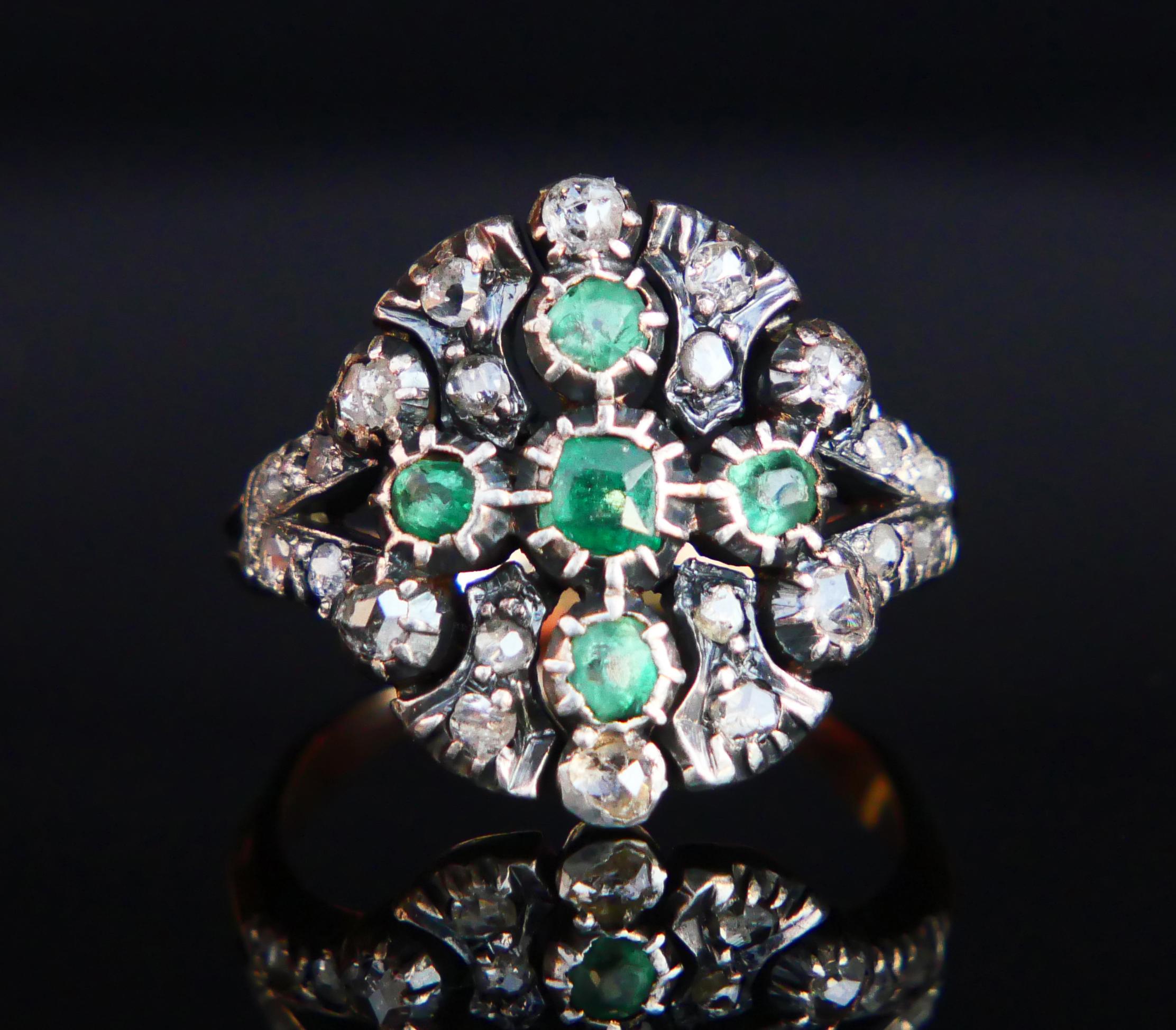 Art Deco Antique Ring natural Emerald Diamonds solid 18K Gold Silver Ø US7.5 / 6 gr For Sale