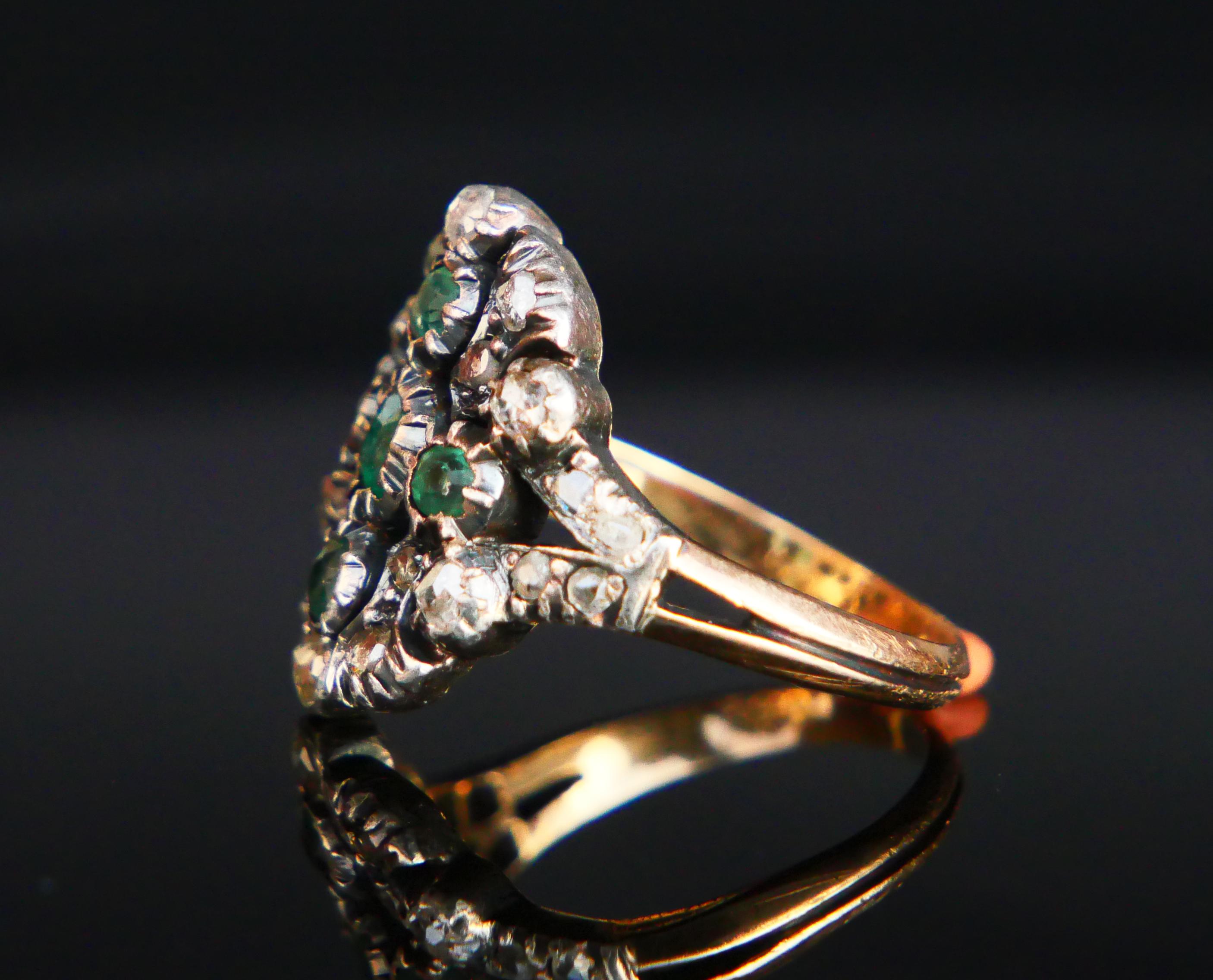 Old European Cut Antique Ring natural Emerald Diamonds solid 18K Gold Silver Ø US7.5 / 6 gr For Sale