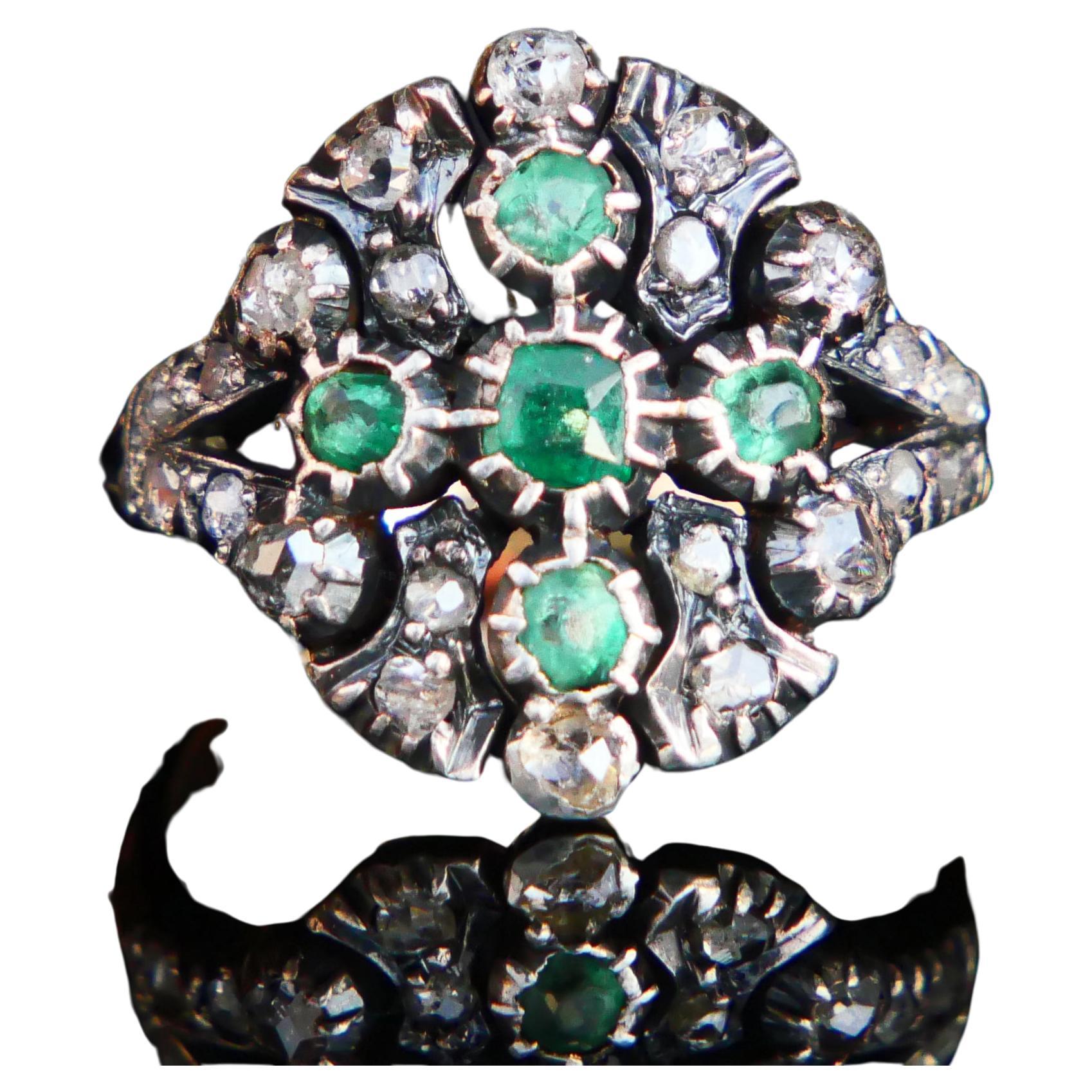 Antique Ring natural Emerald Diamonds solid 18K Gold Silver Ø US7.5 / 6 gr For Sale