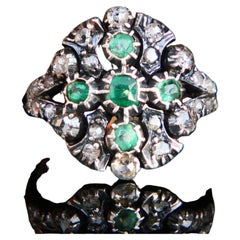 Antique Ring natural Emerald Diamonds solid 18K Gold Silver Ø US7.5 / 6 gr