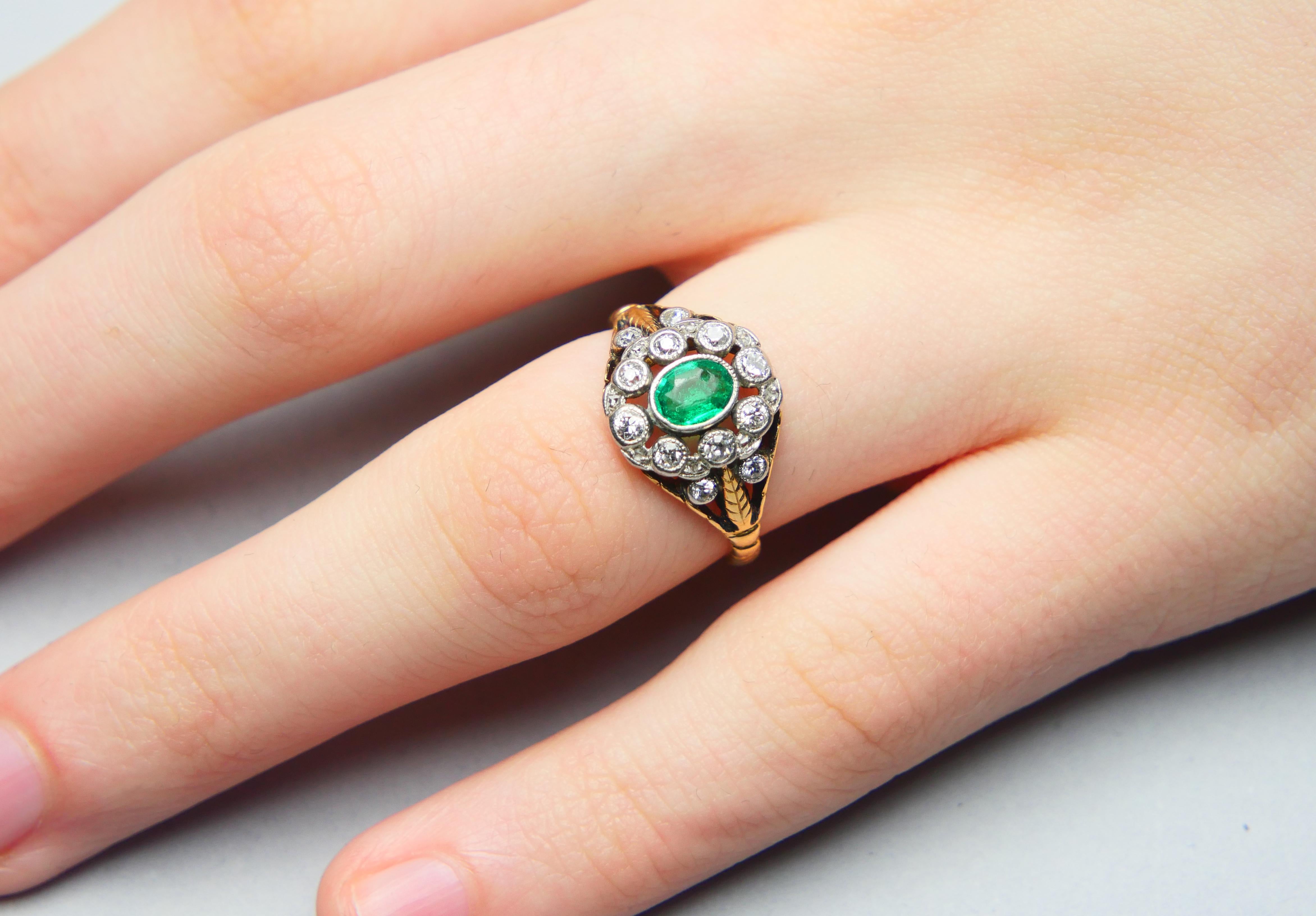 Antique Ring natural Emerald Diamonds solid 18K Gold Ø US 5.5 / 3.4 gr For Sale 5