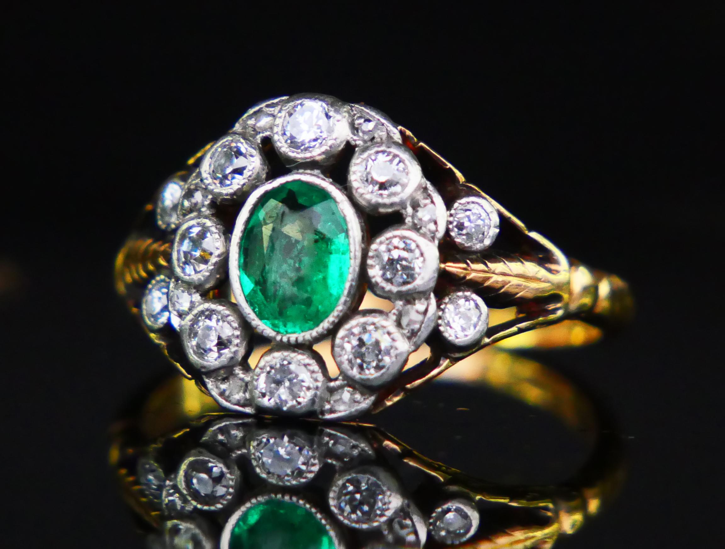 Antique Ring natural Emerald Diamonds solid 18K Gold Ø US 5.5 / 3.4 gr For Sale 9