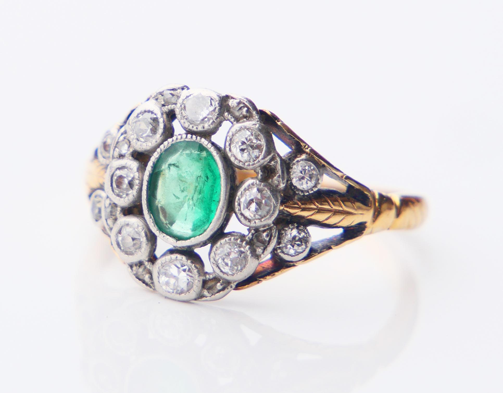 Women's Antique Ring natural Emerald Diamonds solid 18K Gold Ø US 5.5 / 3.4 gr For Sale
