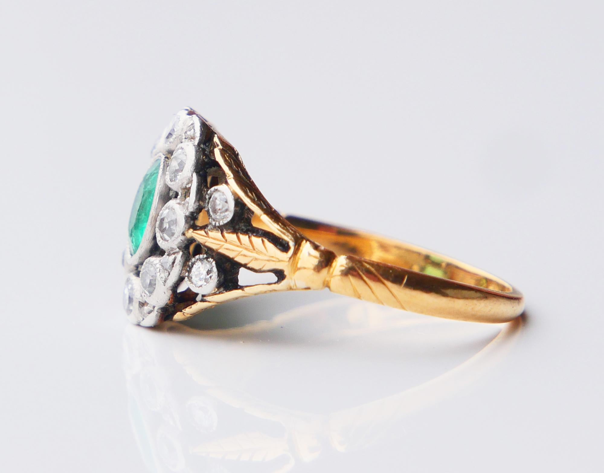 Antique Ring natural Emerald Diamonds solid 18K Gold Ø US 5.5 / 3.4 gr For Sale 1