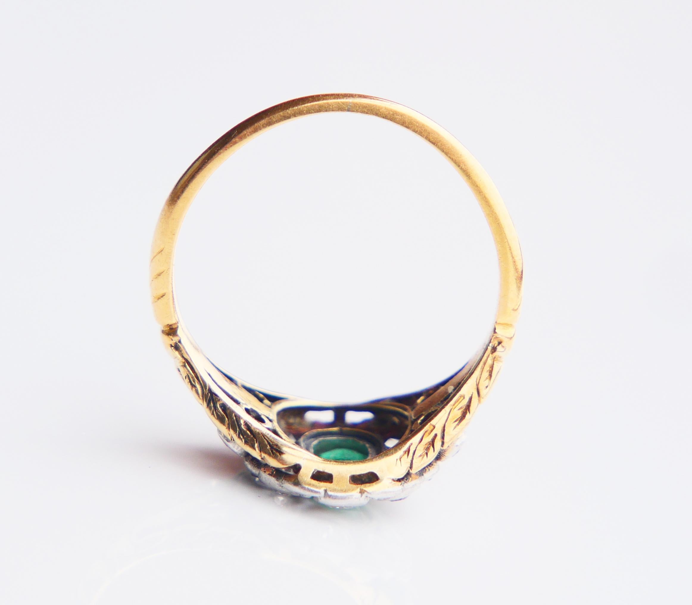 Antique Ring natural Emerald Diamonds solid 18K Gold Ø US 5.5 / 3.4 gr For Sale 2