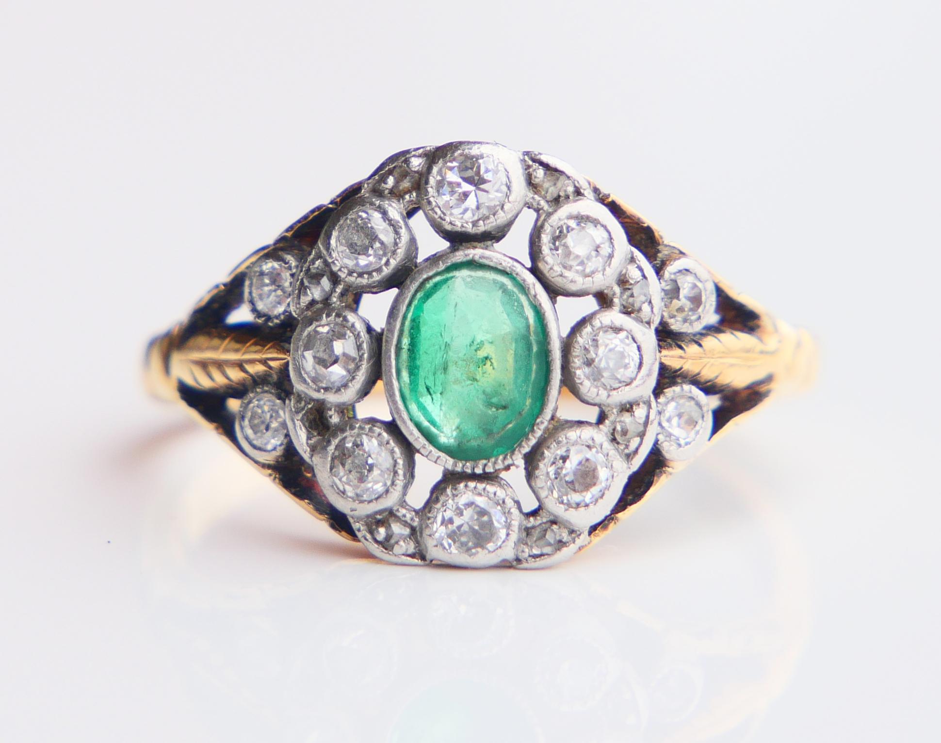 Antique Ring natural Emerald Diamonds solid 18K Gold Ø US 5.5 / 3.4 gr For Sale 3