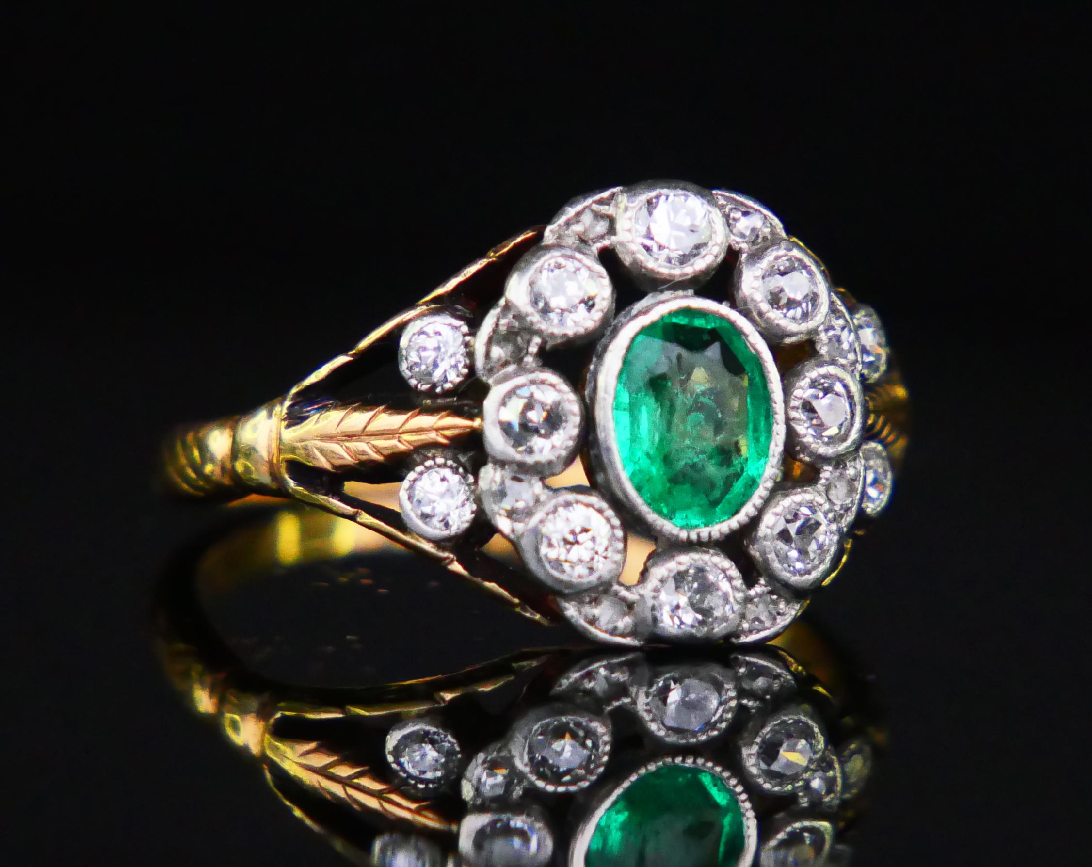 Antique Ring natural Emerald Diamonds solid 18K Gold Ø US 5.5 / 3.4 gr For Sale 7