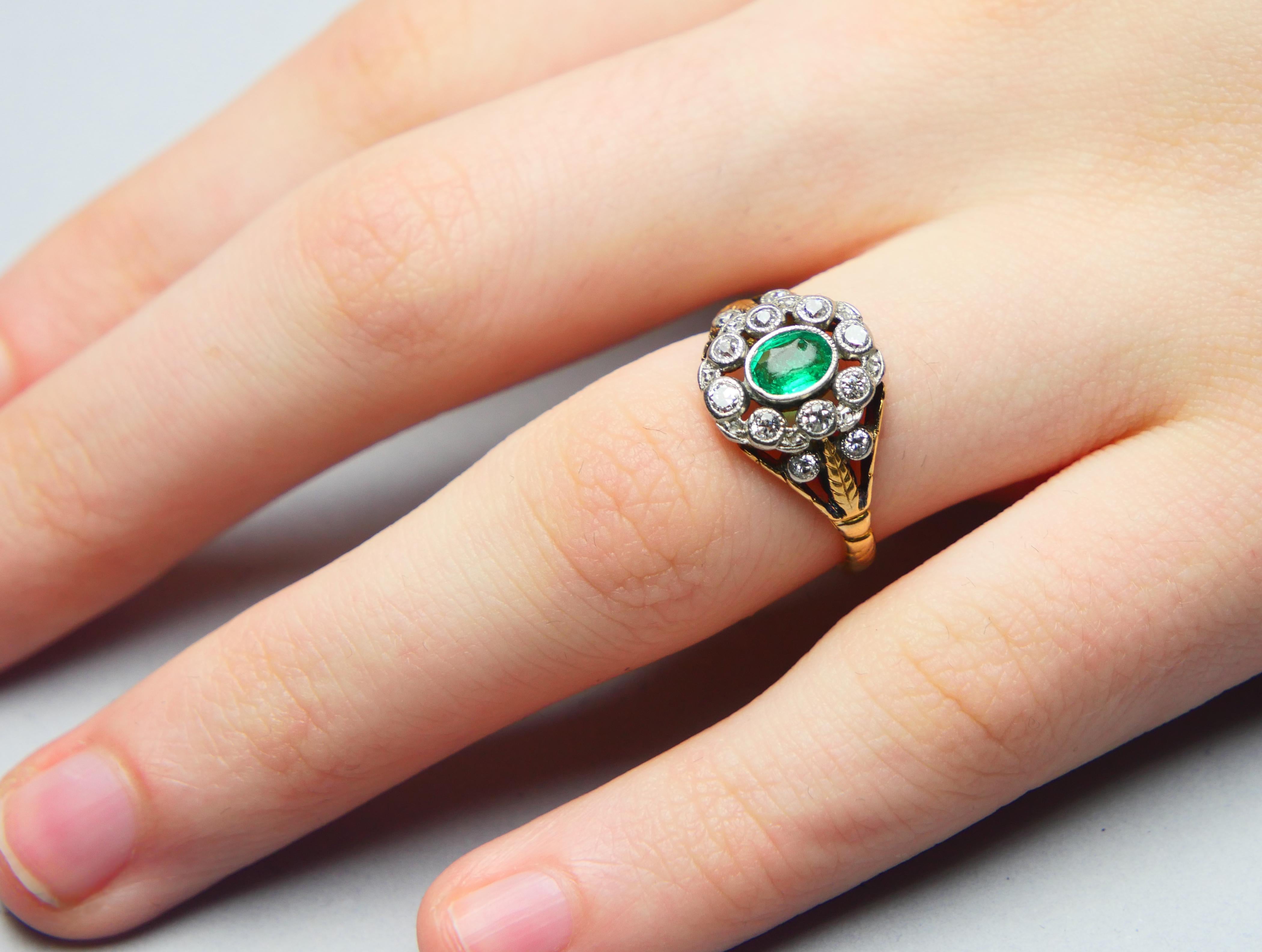 Antique Ring natural Emerald Diamonds solid 18K Gold Ø US 5.5 / 3.4 gr For Sale 4
