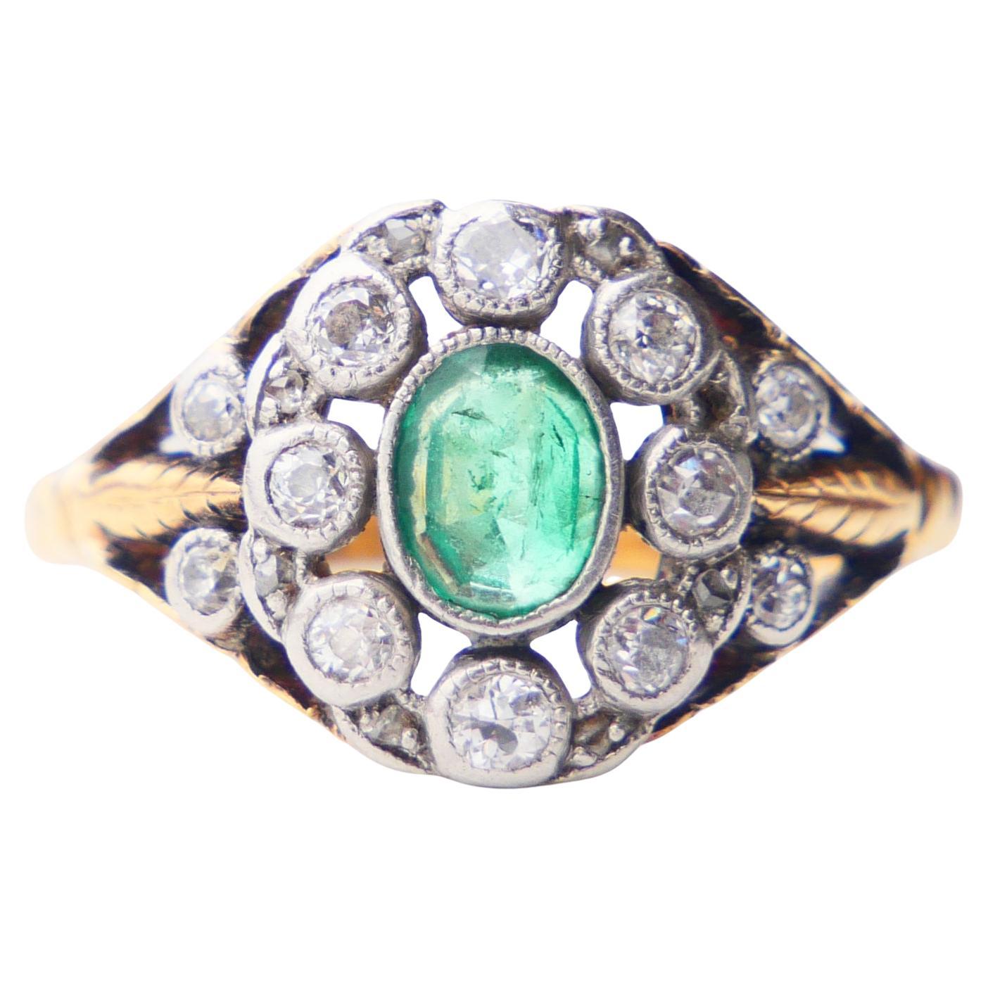 Antique Ring natural Emerald Diamonds solid 18K Gold Ø US 5.5 / 3.4 gr