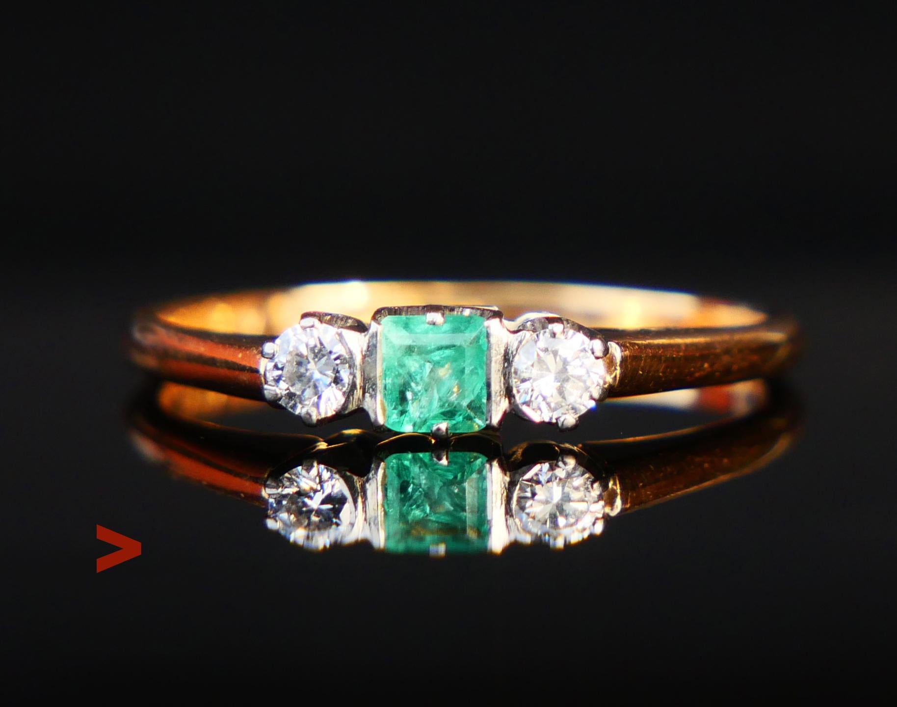 Emerald and Diamonds Ring hand - made in Sweden, ca.1920s -1930.
Swedish hallmarks, 18K, maker's mark. No Year marks, likely lost after old sizing.

Band in solid 18ct Yellow Gold with clusters in Platinum. Natural  princess cut Emerald stone 3.5 mm
