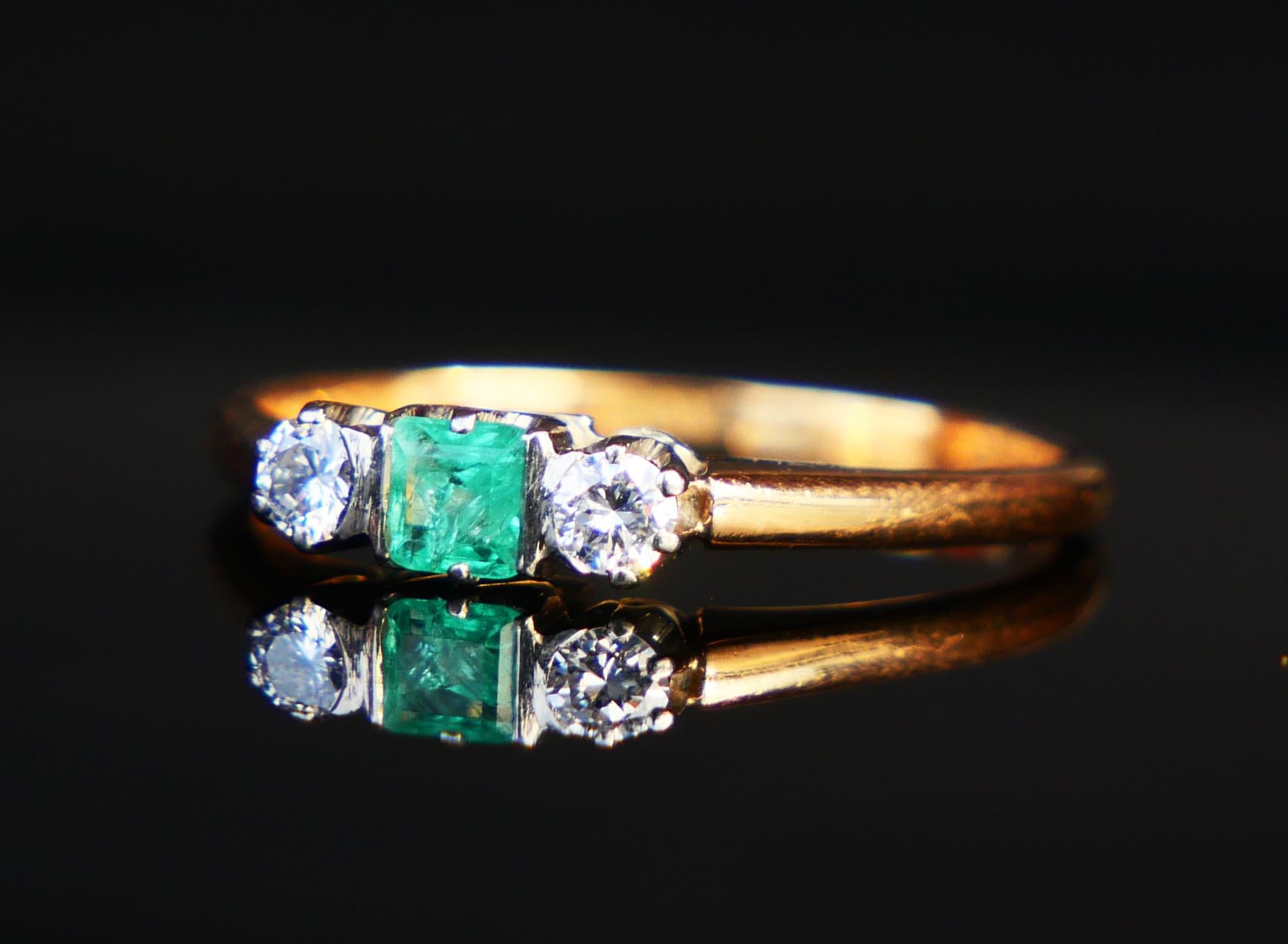 Antique Ring natural Emerald Diamonds solid 18K Gold ØUS6.75 / 2.31 gr Damen im Angebot