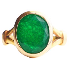 Antiker Ring natürliche grüne Jade massiv 10K Gelbgold Ø US 5 / 4 gr