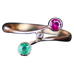 Antique Ring natural Ruby Diamond Emerald solid 18K Gold ØUS 6.25 / 1.15 gr