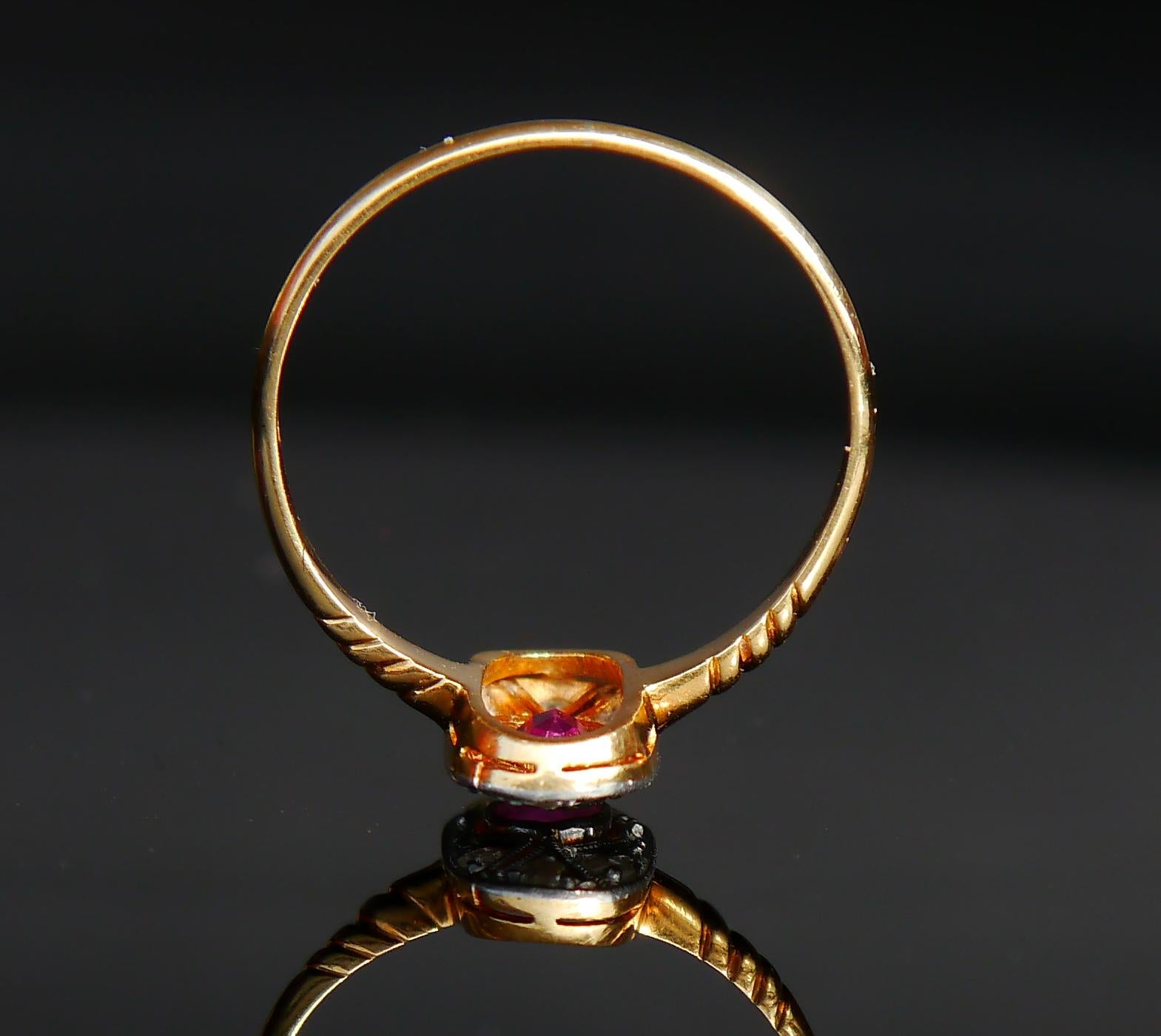 Antiker Ring Natürlicher Rubin Diamanten massiv 18K Gelbgold Platin Ø US6 / 1.9gr im Angebot 5