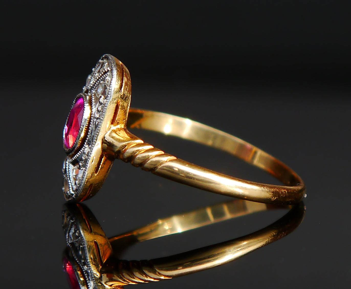 Antiker Ring Natürlicher Rubin Diamanten massiv 18K Gelbgold Platin Ø US6 / 1.9gr im Angebot 6
