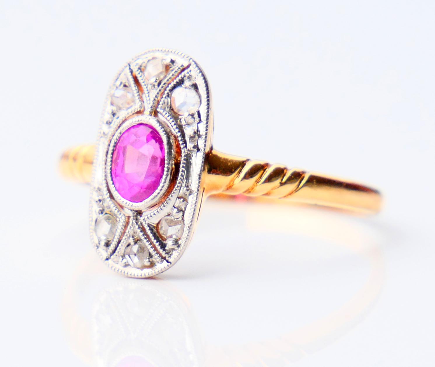 Art Deco Antique Ring Natural Ruby Diamonds solid 18K Yellow Gold Platinum Ø US6 / 1.9gr For Sale
