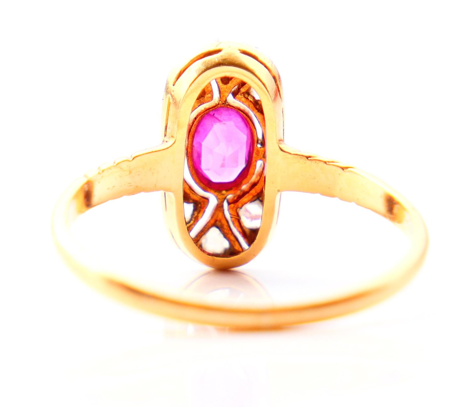 Oval Cut Antique Ring Natural Ruby Diamonds solid 18K Yellow Gold Platinum Ø US6 / 1.9gr For Sale