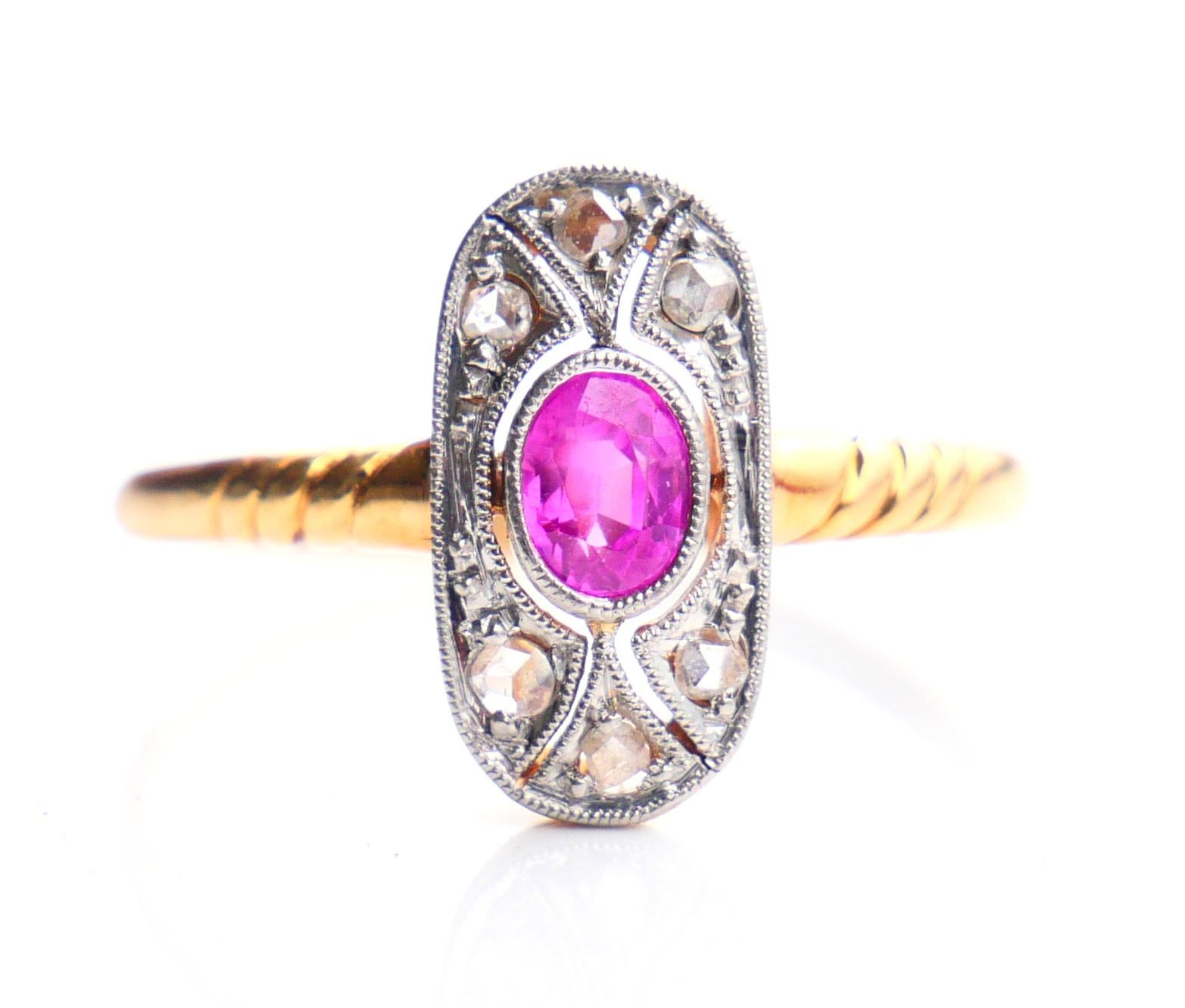 Women's Antique Ring Natural Ruby Diamonds solid 18K Yellow Gold Platinum Ø US6 / 1.9gr For Sale