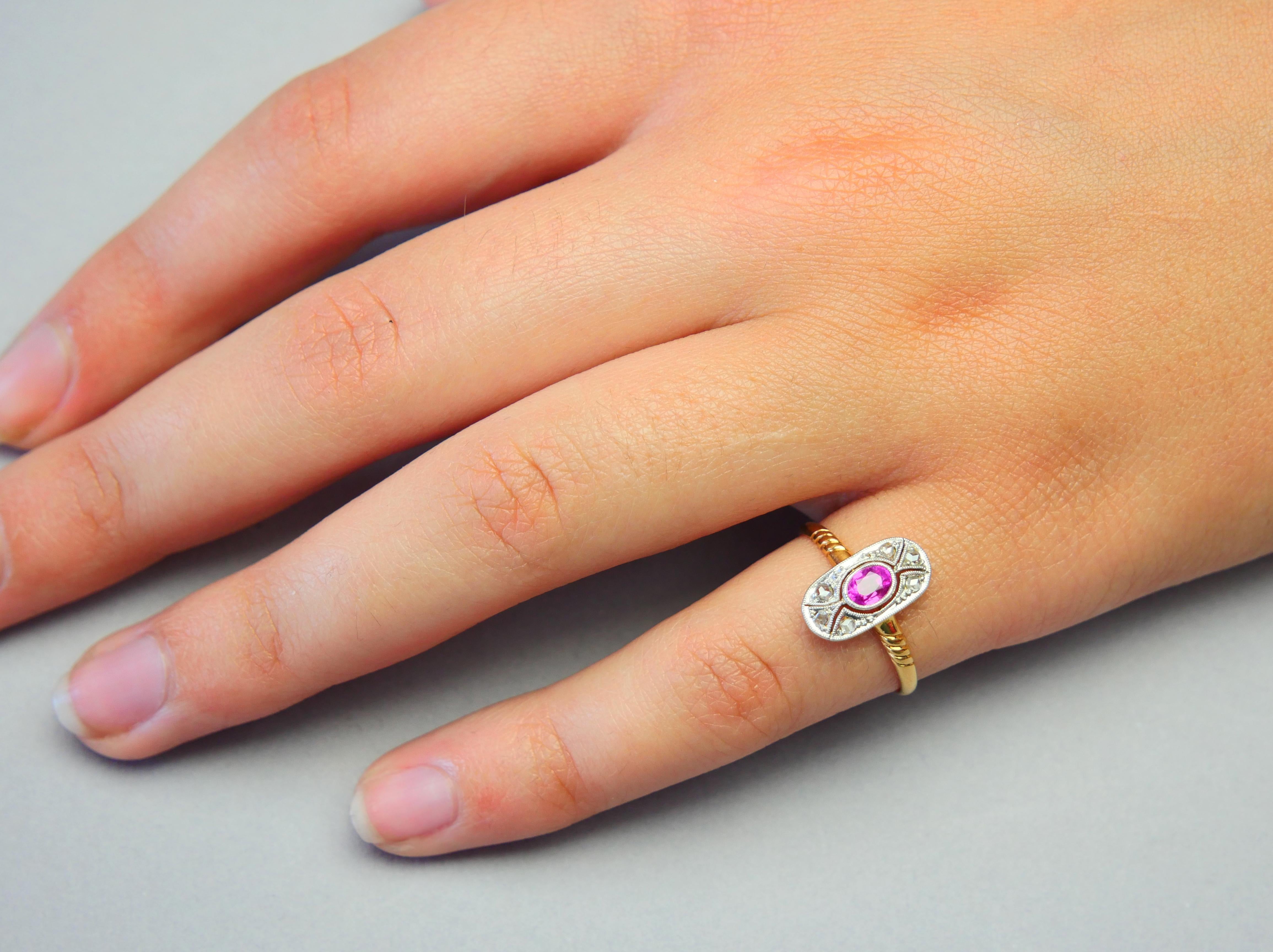 Antiker Ring Natürlicher Rubin Diamanten massiv 18K Gelbgold Platin Ø US6 / 1.9gr im Angebot 1