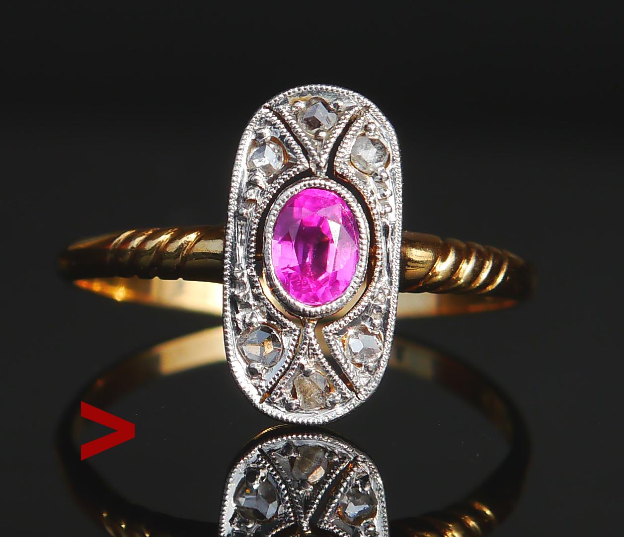 Antiker Ring Natürlicher Rubin Diamanten massiv 18K Gelbgold Platin Ø US6 / 1.9gr im Angebot 3