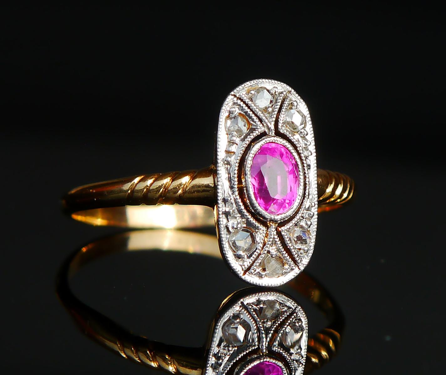 Antique Ring Natural Ruby Diamonds solid 18K Yellow Gold Platinum Ø US6 / 1.9gr For Sale 4