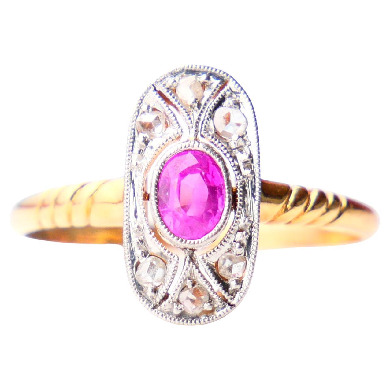 Antique Ring Natural Ruby Diamonds solid 18K Yellow Gold Platinum Ø US6 / 1.9gr For Sale