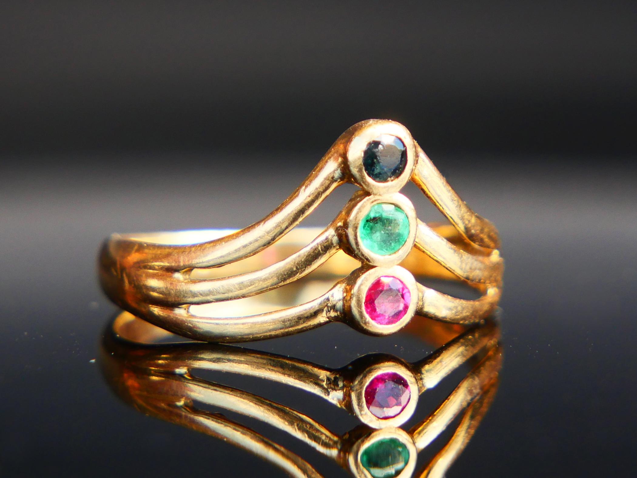 Antiker Ring natürlicher Rubin Smaragd Saphir massiv 18K Gold Ø6US/ 1.9gr im Angebot 5
