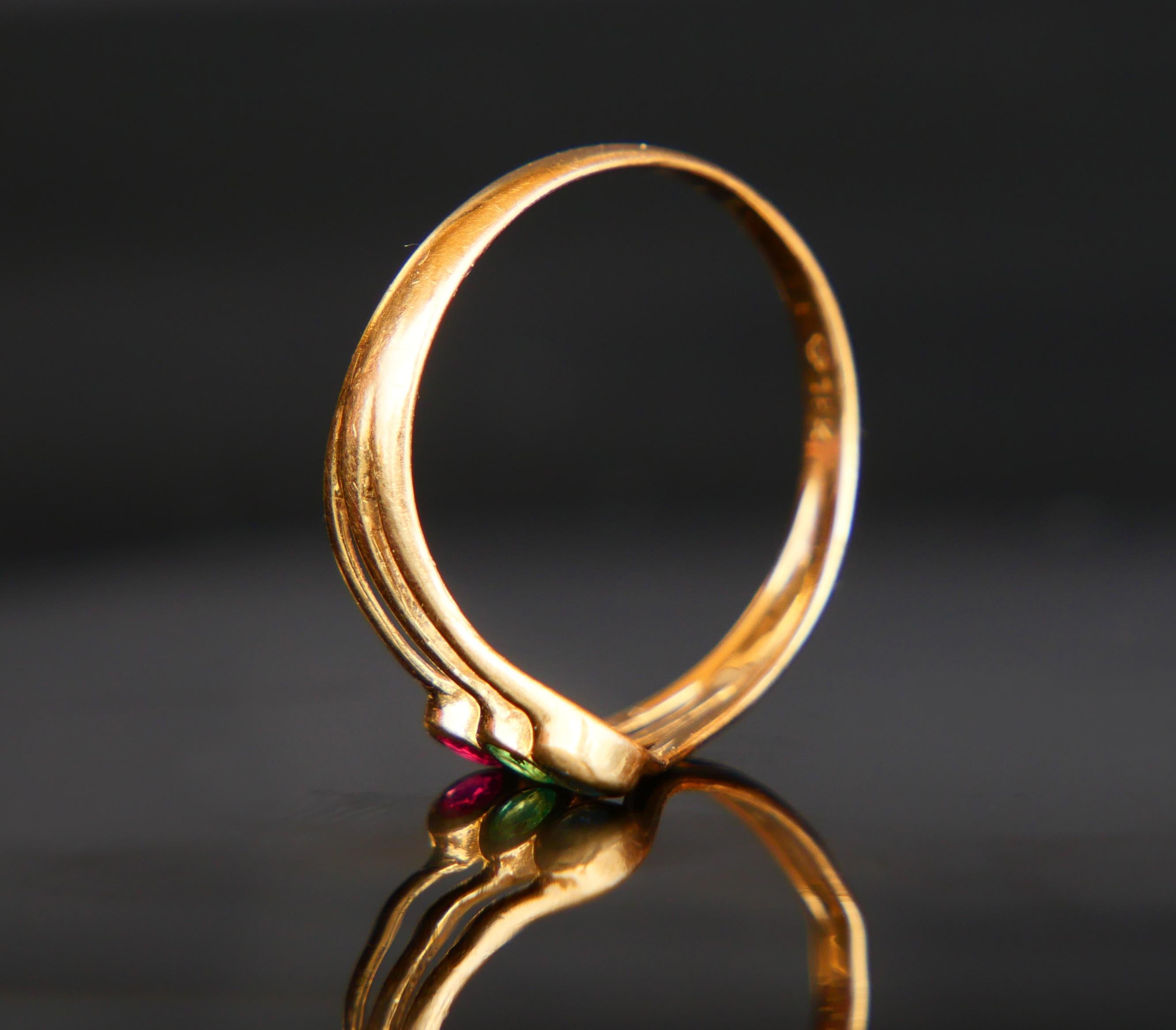 Antiker Ring natürlicher Rubin Smaragd Saphir massiv 18K Gold Ø6US/ 1.9gr im Angebot 6