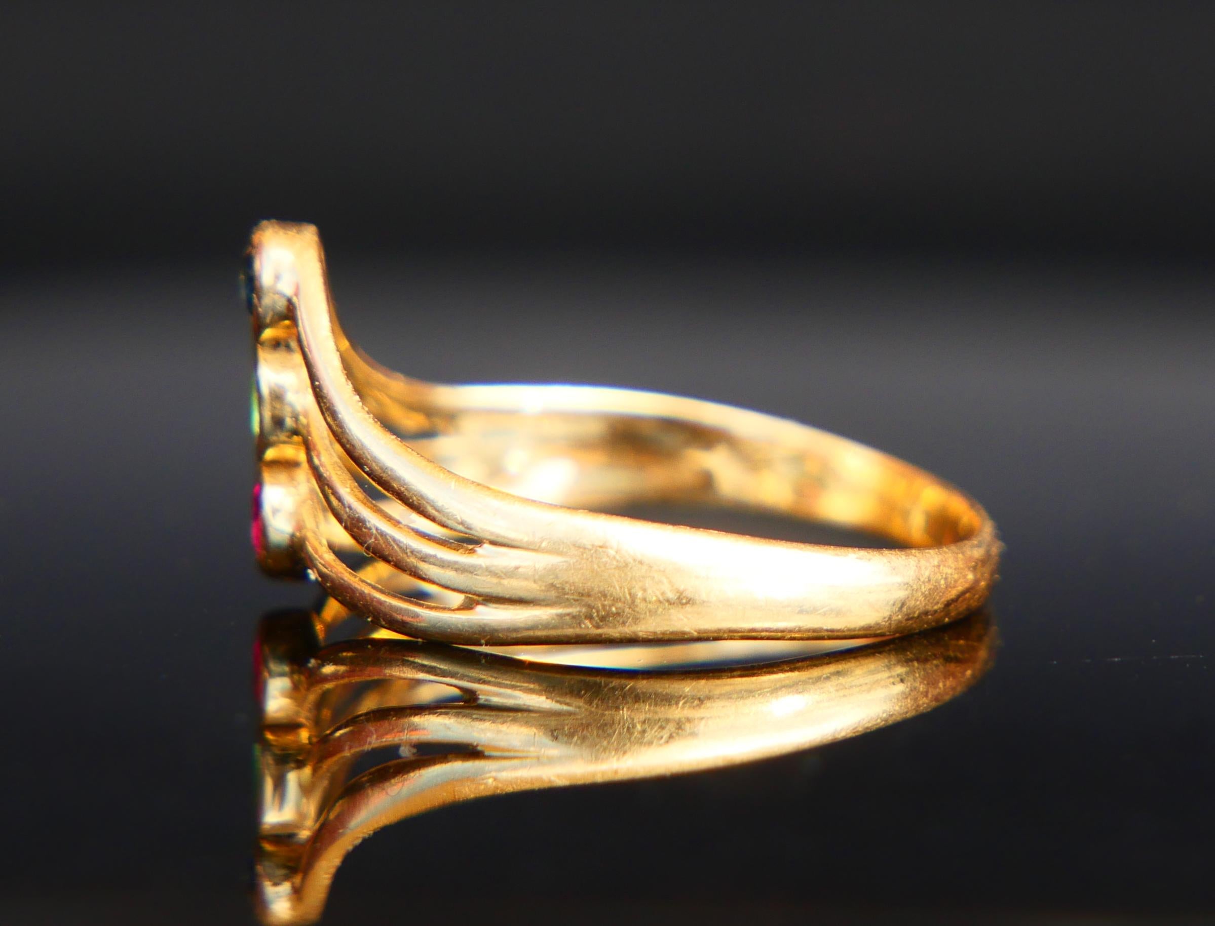 Antiker Ring natürlicher Rubin Smaragd Saphir massiv 18K Gold Ø6US/ 1.9gr im Angebot 3