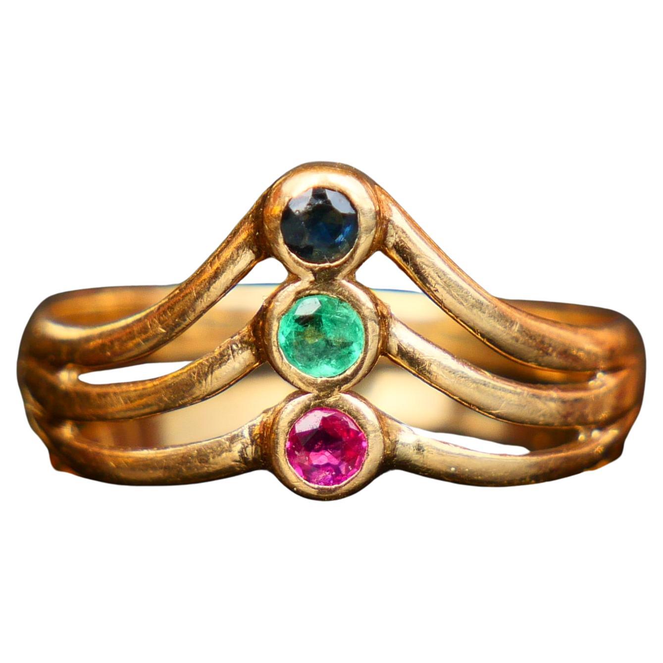 Antique Ring natural Ruby Emerald Sapphire solid 18K Gold Ø6US/ 1.9gr For Sale