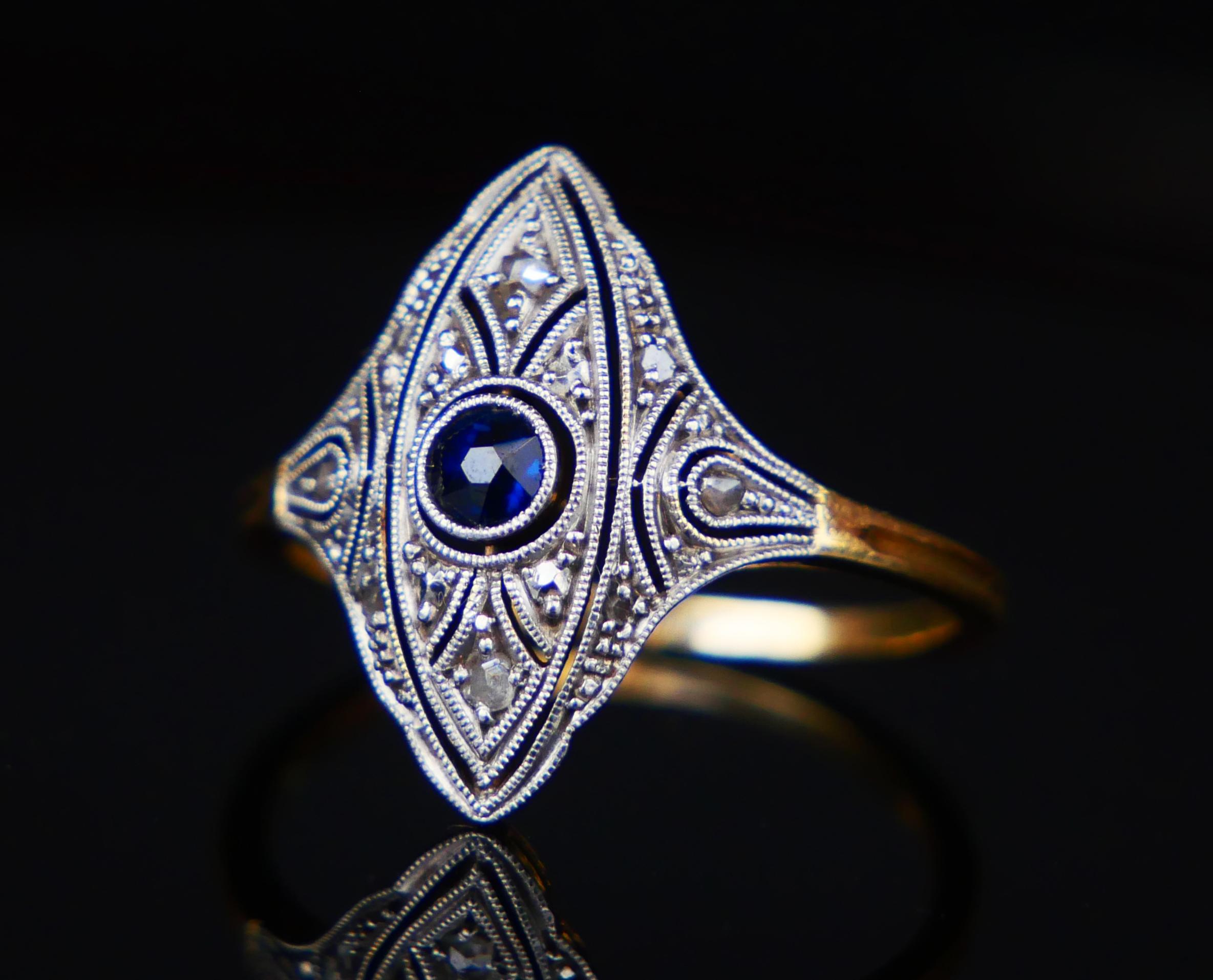 Anillo Antiguo Zafiro natural Diamantes Oro 18K Platino ØUS 5.25 /2.4 gr Corte europeo antiguo