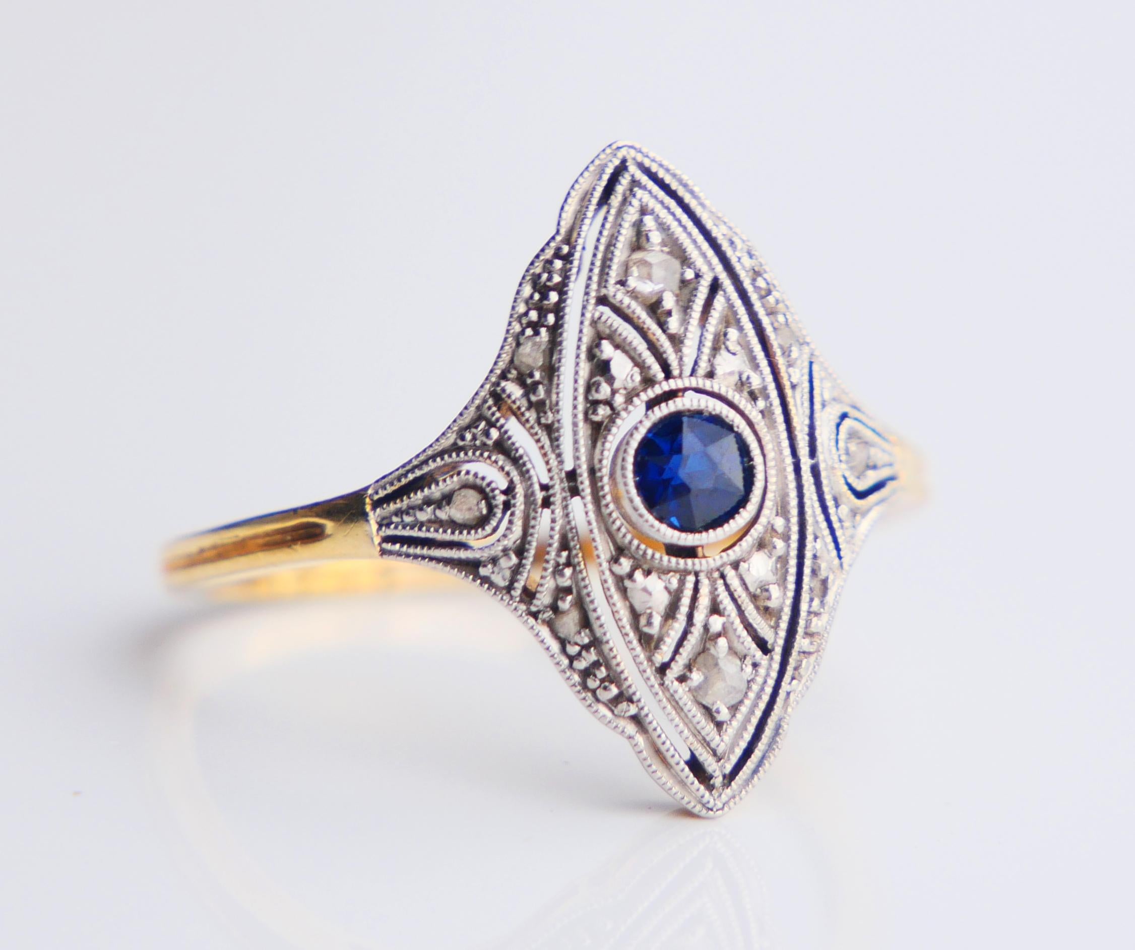 Anillo Antiguo Zafiro natural Diamantes Oro 18K Platino ØUS 5.25 /2.4 gr 6