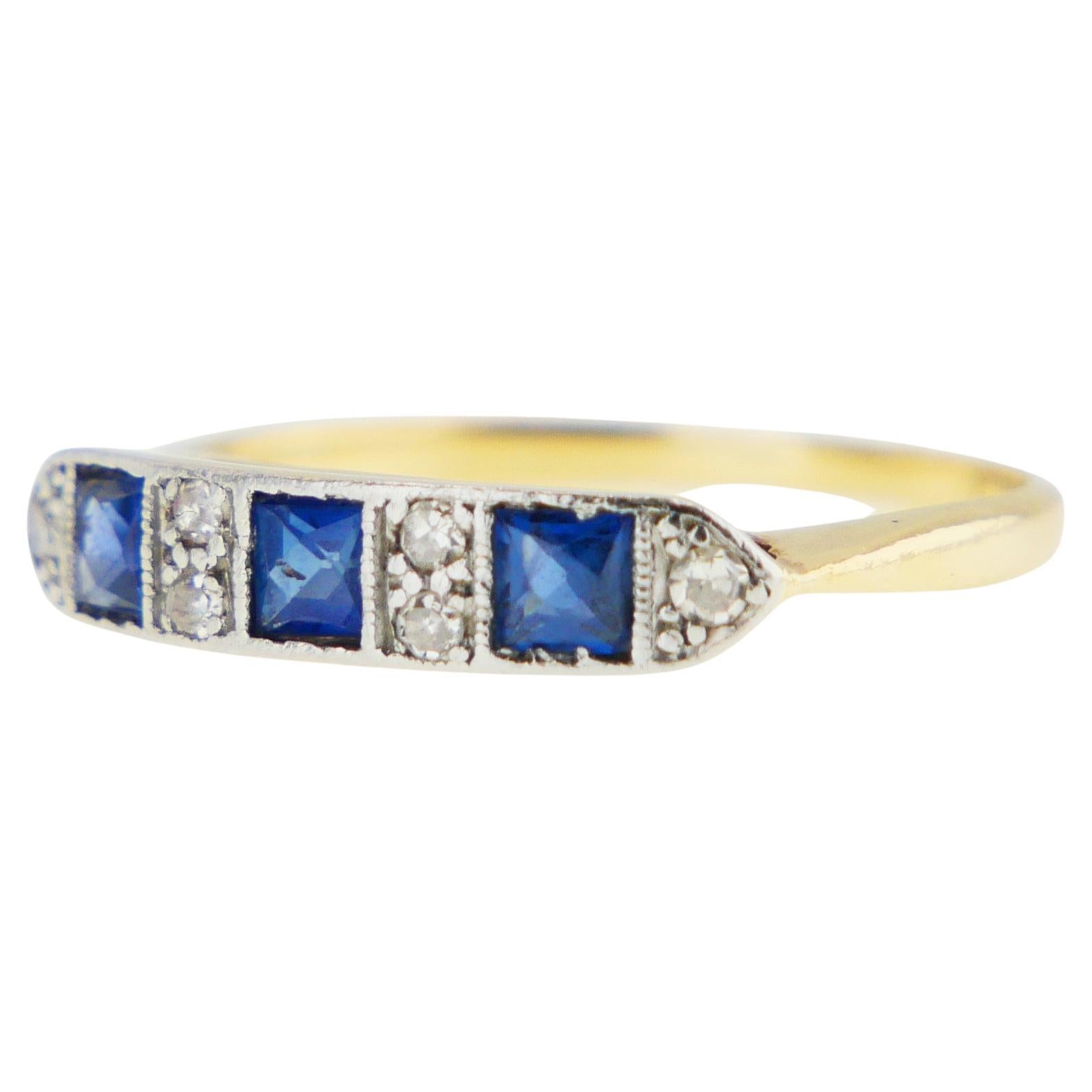 Antique Ring natural Sapphire Diamonds solid 18K Gold Platinum Ø 6.25US / 2.1 gr
