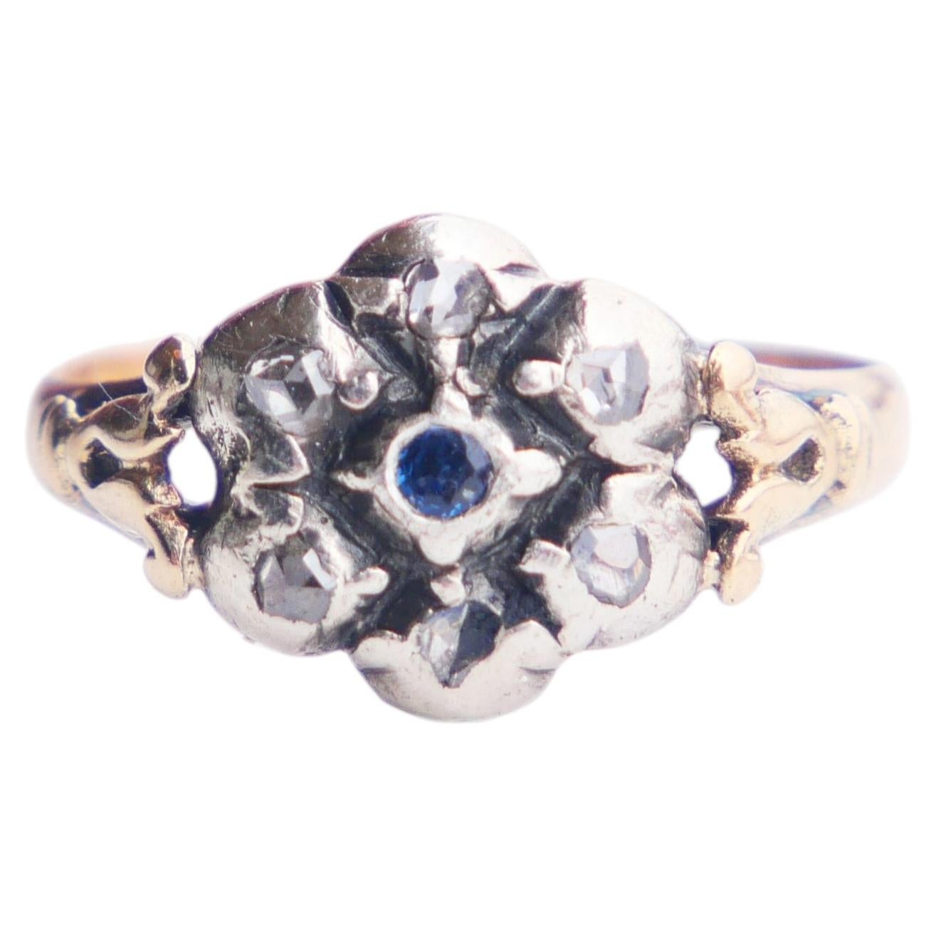 Antique Ring natural Sapphire Diamonds solid 18K Gold Silver Ø6US/3.55gr For Sale