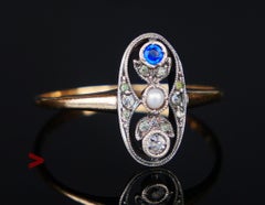 Bague ancienne en or massif 18 carats, avec saphir naturel, perle et diamants, taille US 10 / 2,1 g