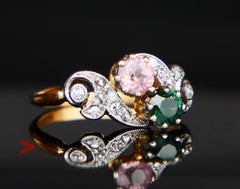 Antique  Ring natural Tourmaline Diamonds solid 18K Gold Ø5.5 /3g