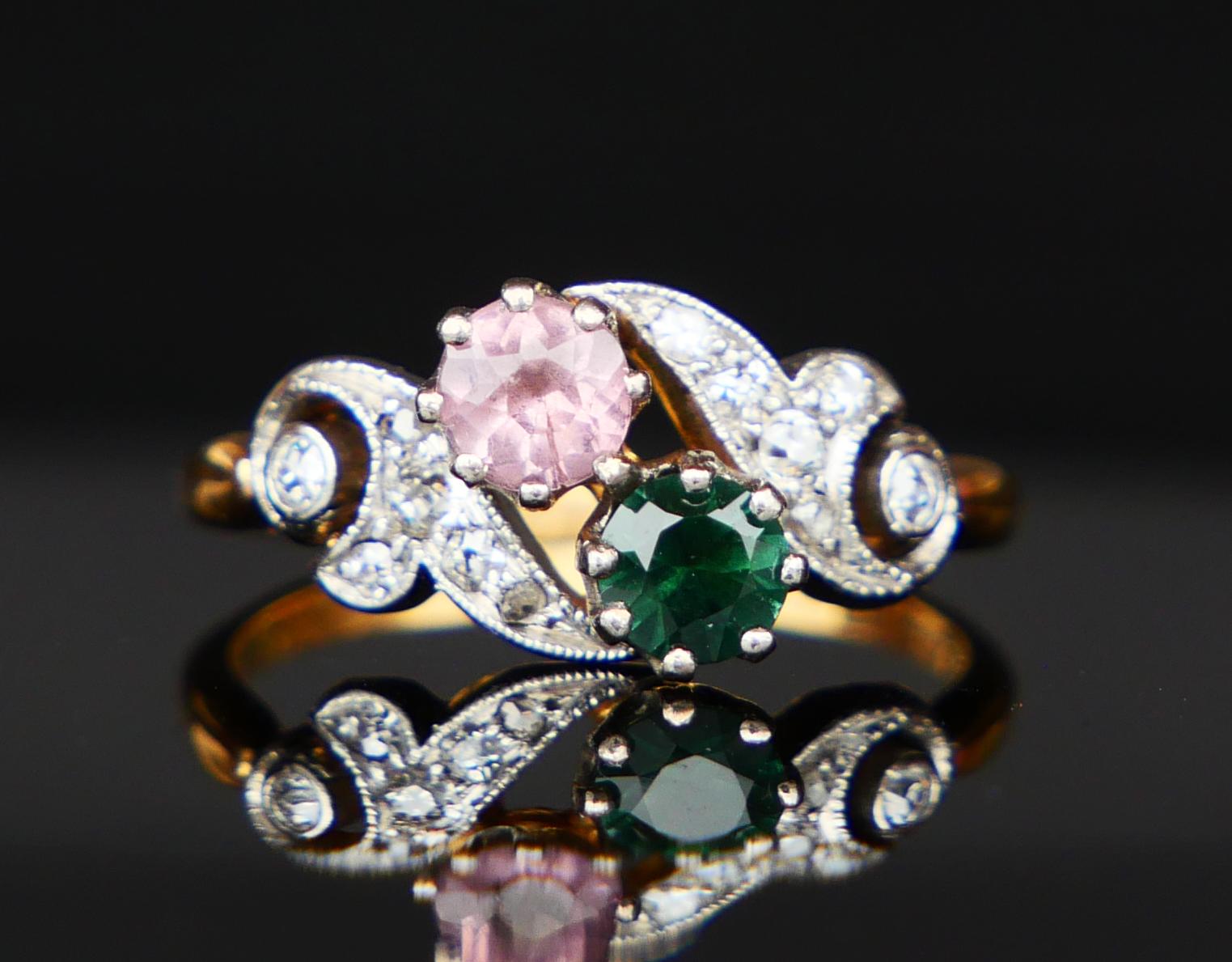 Antike  Ring natürlicher Turmalin Diamanten massiv 18K Gold Ø5.5 /3g (Art déco) im Angebot