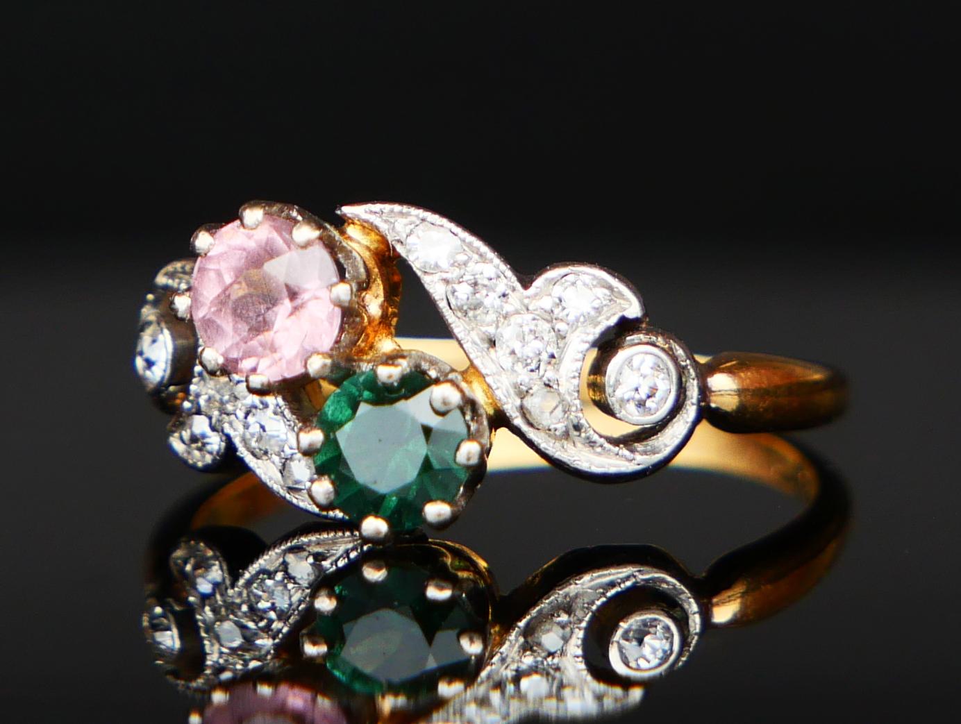 Antike  Ring natürlicher Turmalin Diamanten massiv 18K Gold Ø5.5 /3g Damen im Angebot