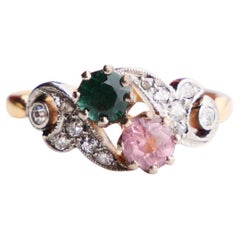 Antique  Ring natural Tourmaline Diamonds solid 18K Gold Ø5.5 /3g