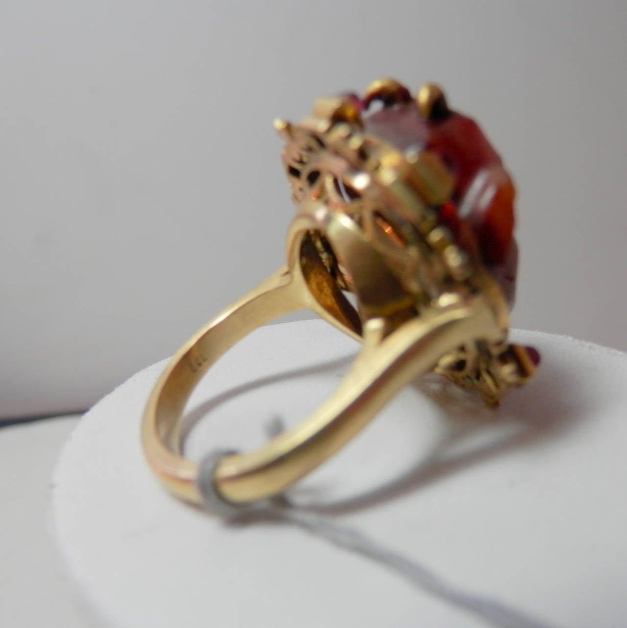 Antique Ring of a Fine Carving Surrounded with Rubies and Enamel In Good Condition In Aspen, CO