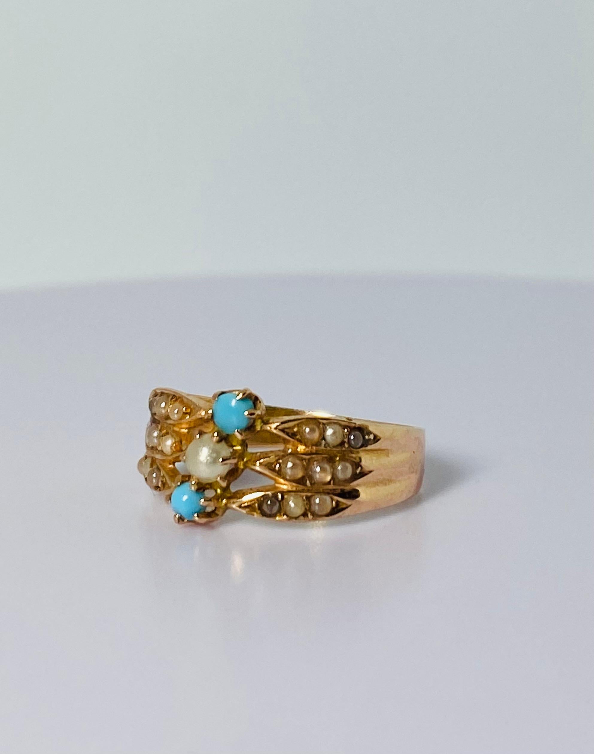 Antique ring rose gold 18 carat 2 turquoises, natural pearl, seed pearls ca 1890 In Good Condition In Heemstede, NL