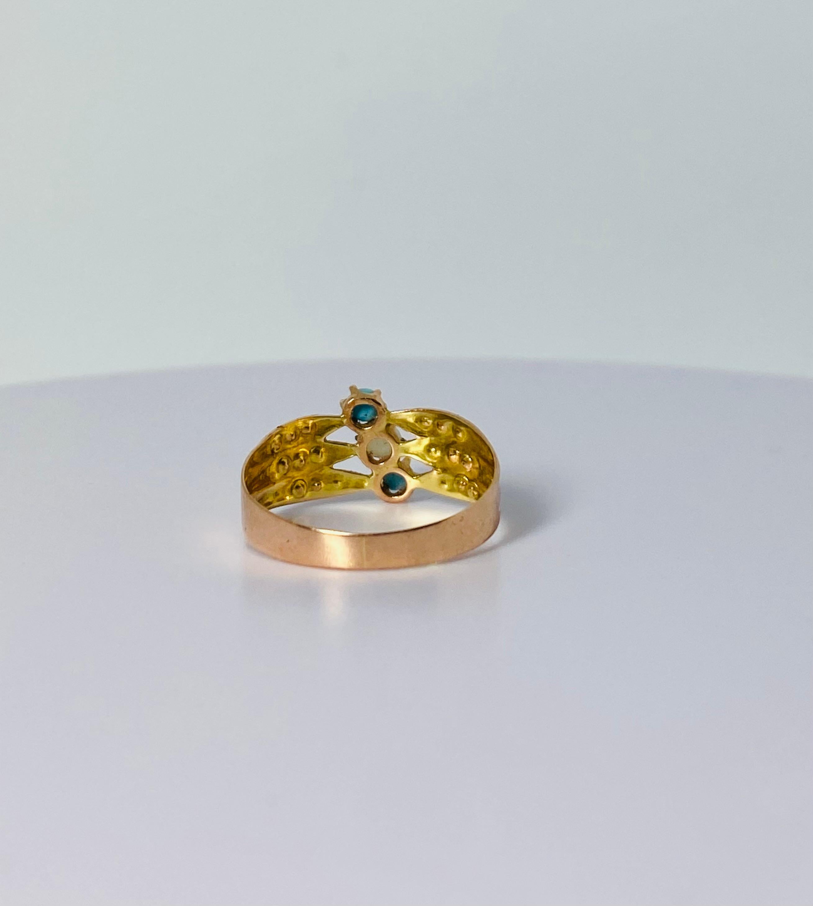 Antique ring rose gold 18 carat 2 turquoises, natural pearl, seed pearls ca 1890 1
